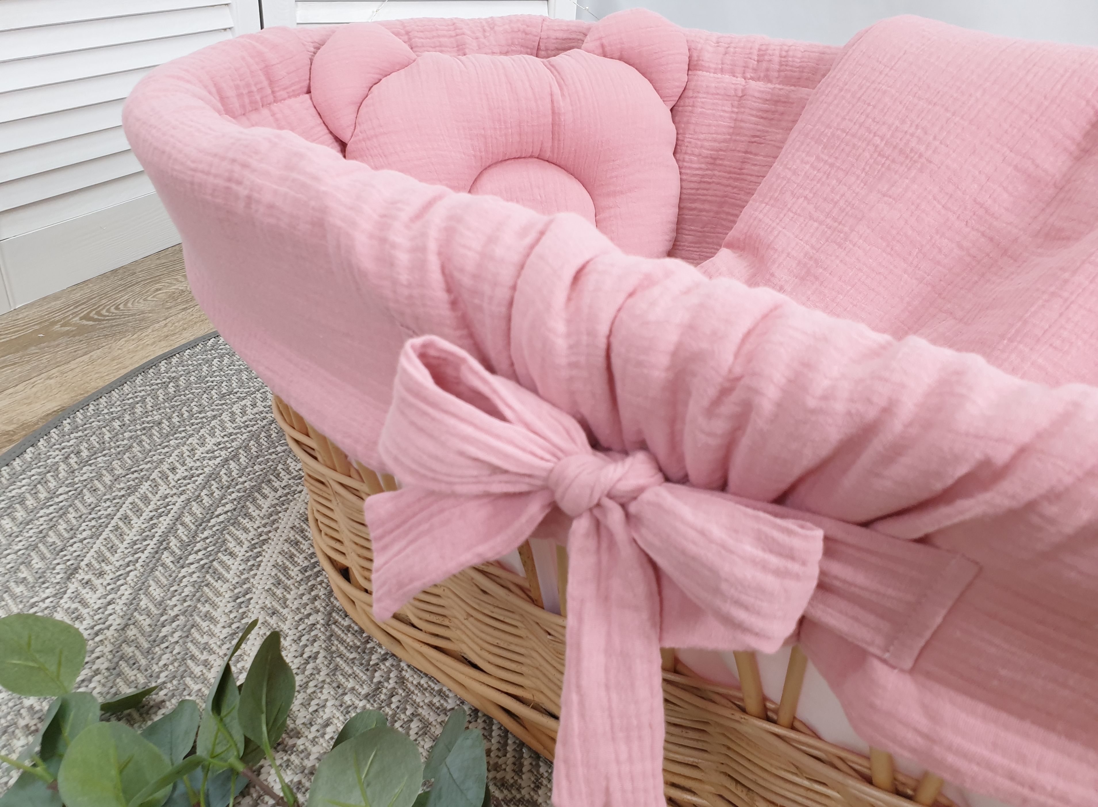 Vestidura para moisés de mimbre 5 piezas con dosel rosa empolvado, caqui, beige, blanco, gris muselina y algodón - foto 4