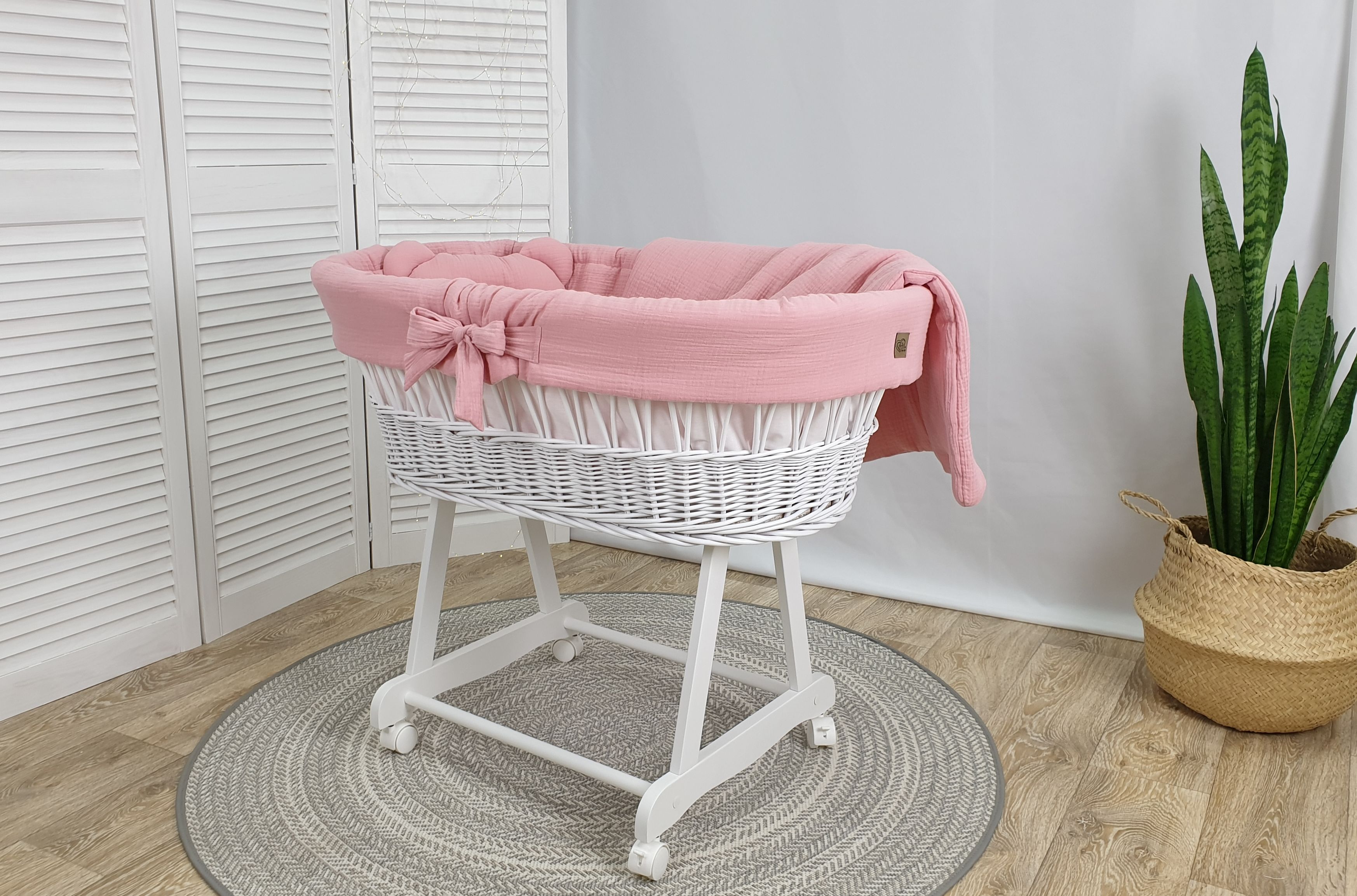 Vestidura para moisés de mimbre 5 piezas con dosel rosa empolvado muselina y algodón serie PRMUS - foto 4