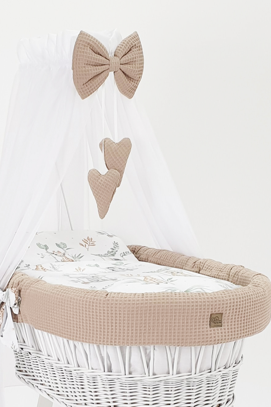 Vestidura para moisés de mimbre 5 piezas con dosel beige, blanco tejido waffle