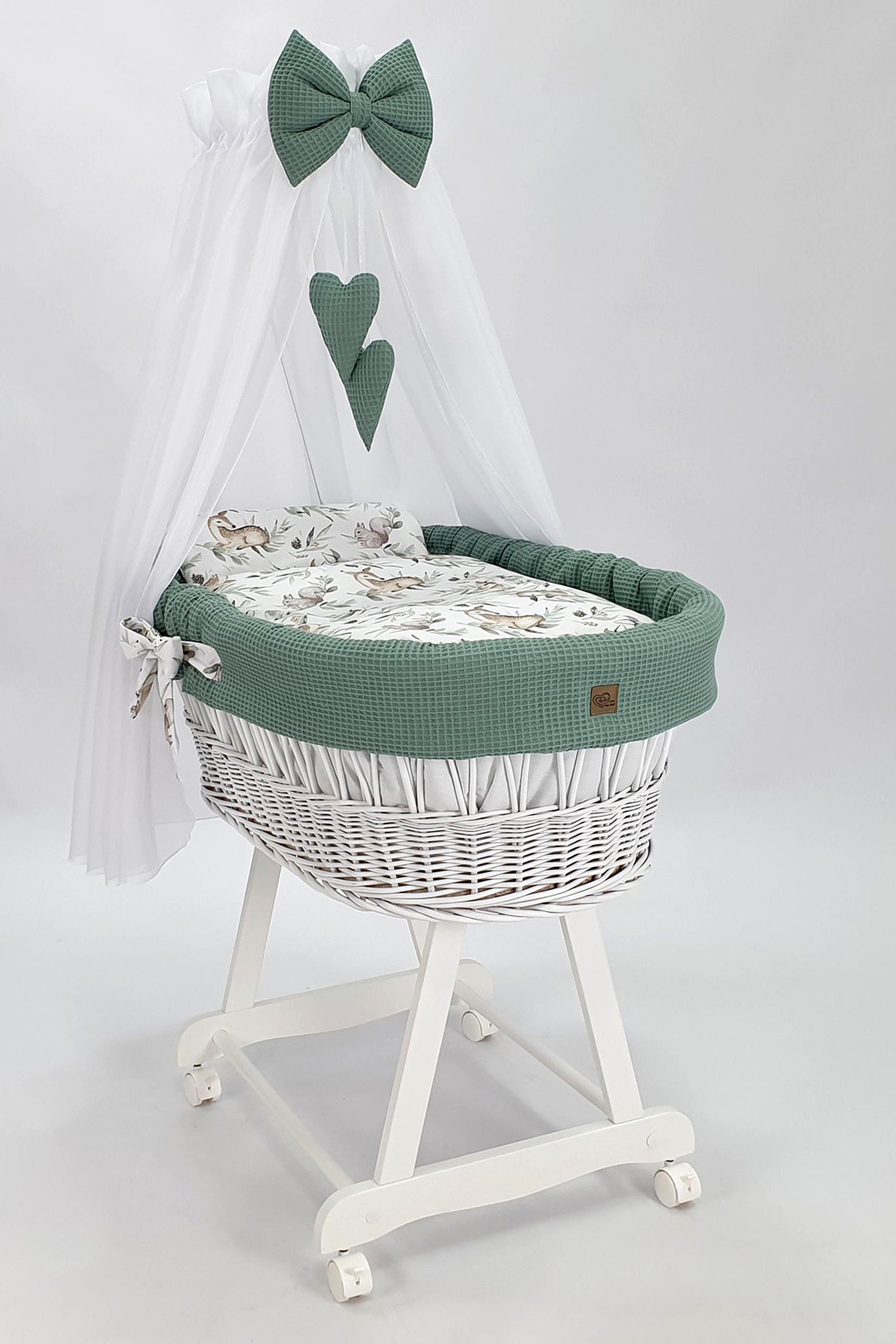 Vestidura para moisés de mimbre 5 piezas con dosel caqui, blanco tejido waffle serie BKBHIMXXL