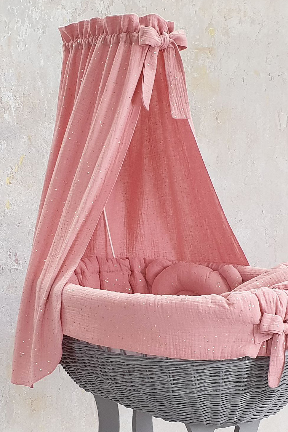 Vestidura para moisés de mimbre 5 piezas con dosel rosa empolvado muselina - foto 2