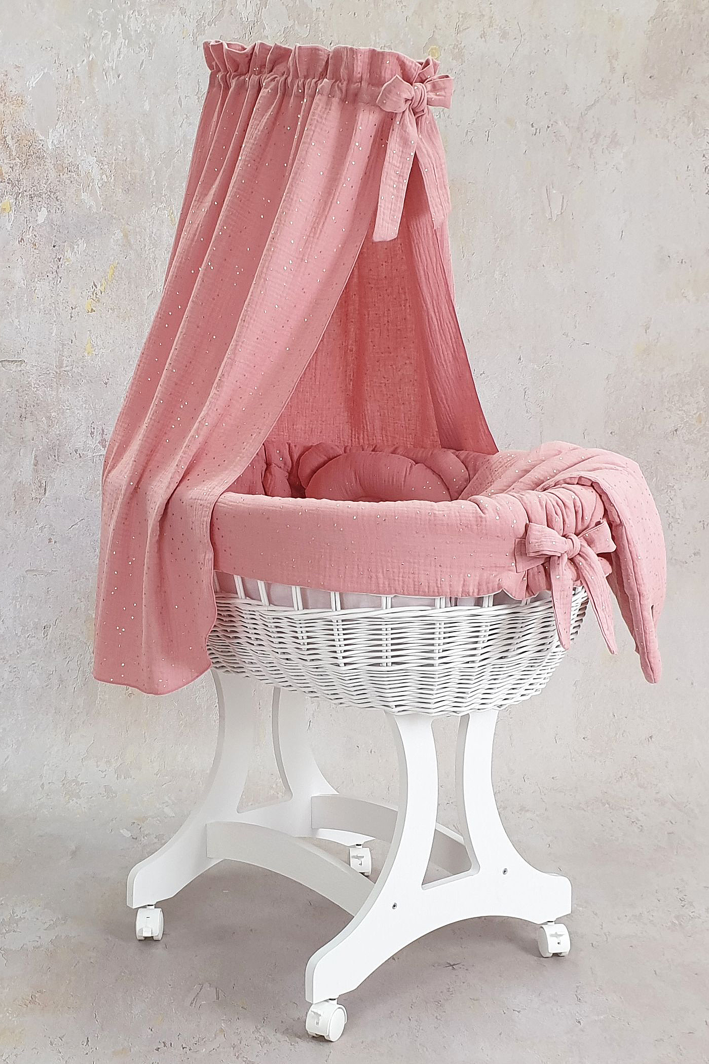 Vestidura para moisés de mimbre 5 piezas con dosel rosa empolvado muselina - foto 6