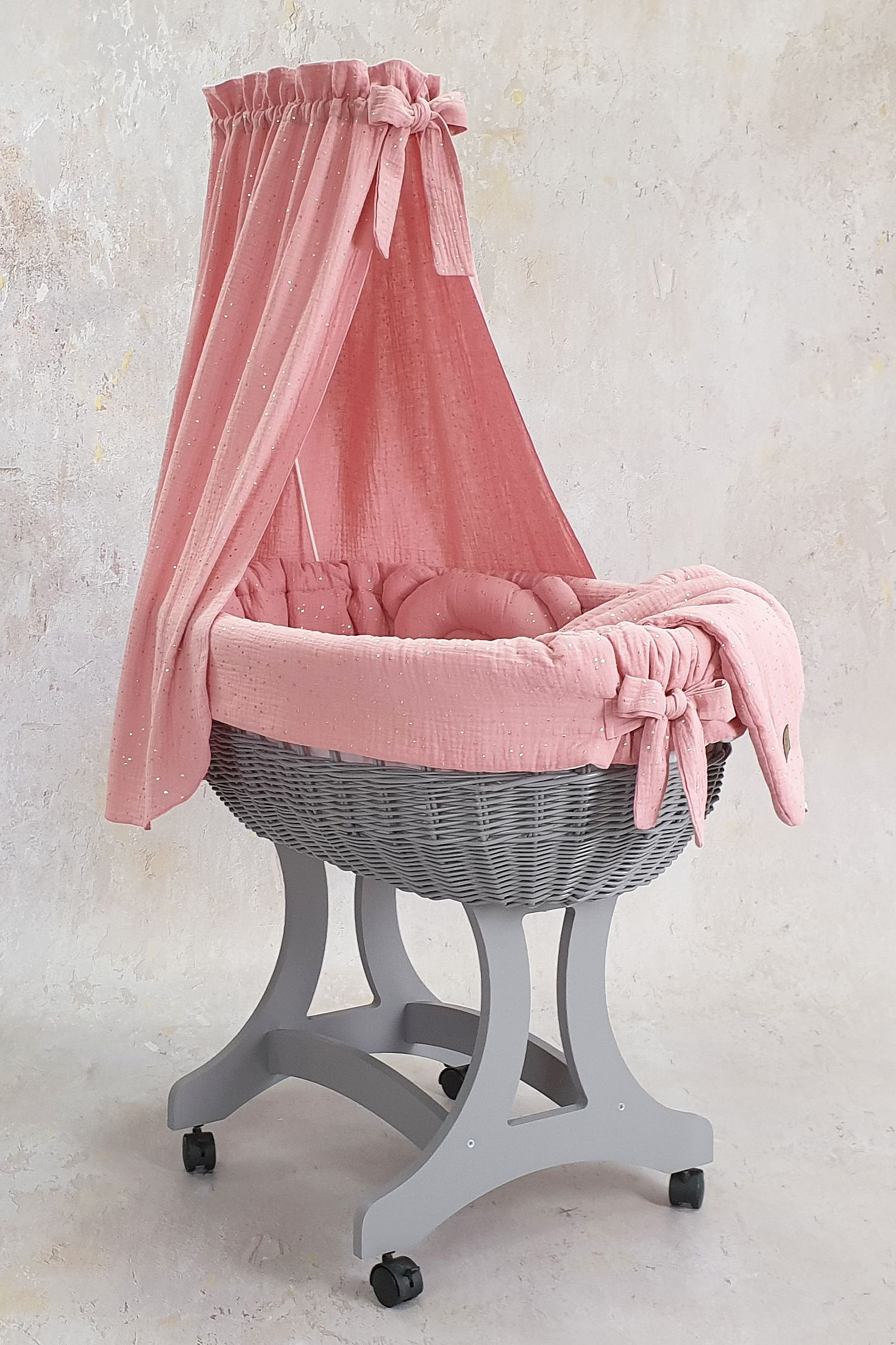 Vestidura para moisés de mimbre 5 piezas con dosel rosa empolvado muselina - foto 7