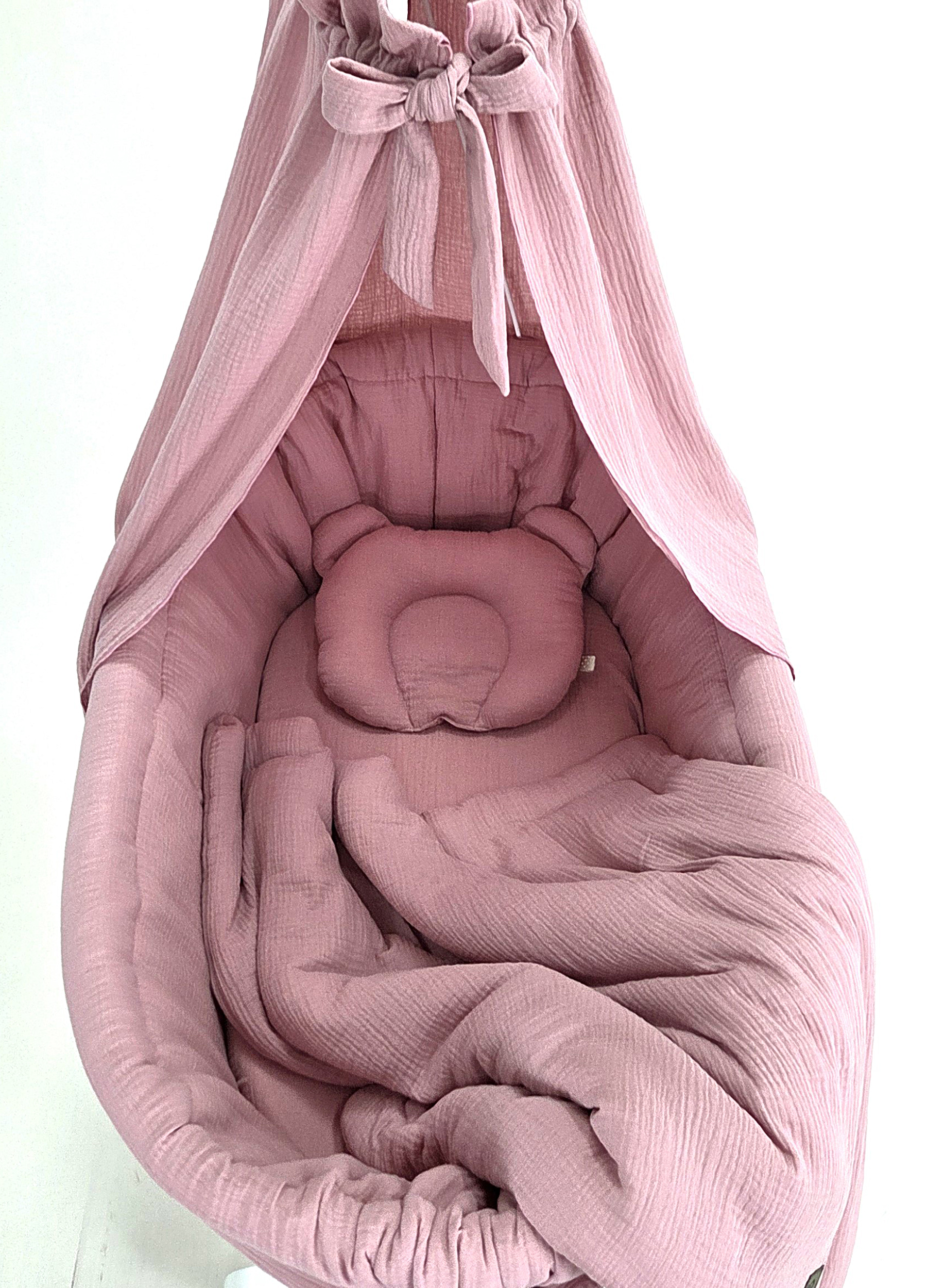 Vestidura para moisés de mimbre 5 piezas con dosel rosa empolvado muselina serie MPRHIM - foto 3