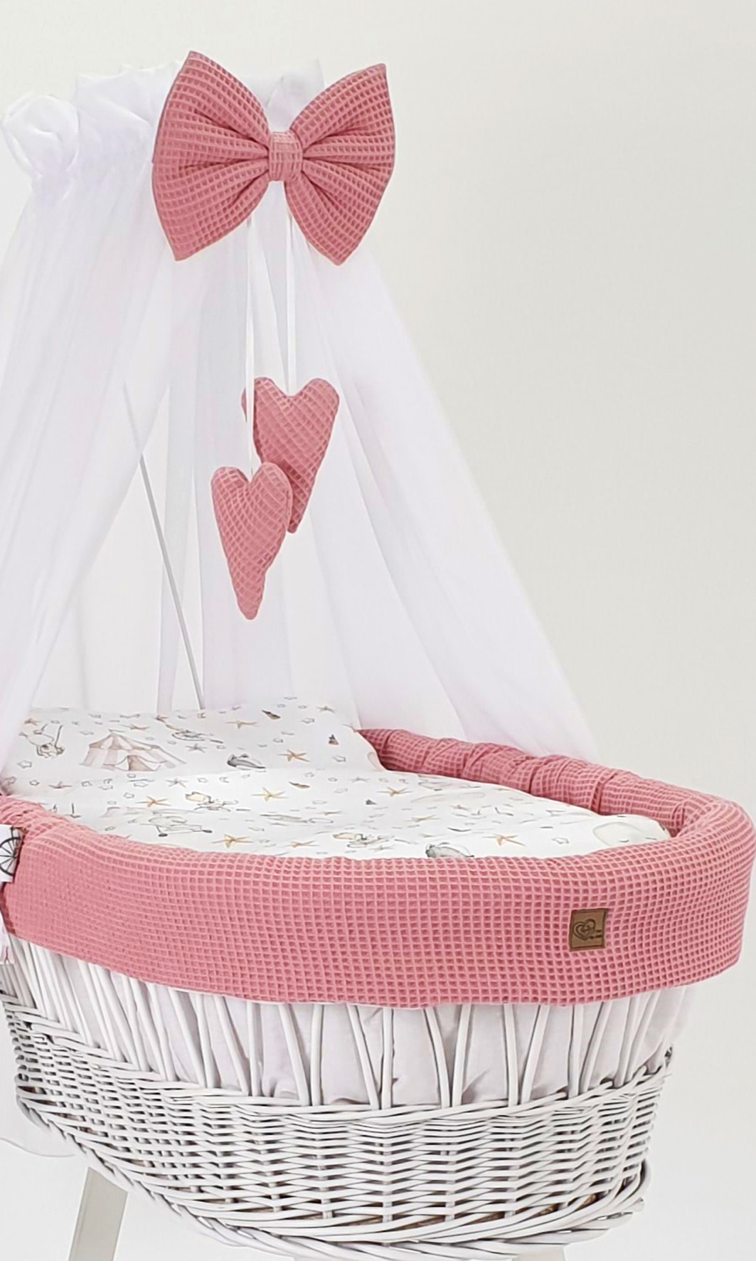 Vestidura para moisés de mimbre 5 piezas con dosel rosa empolvado, blanco tejido waffle
