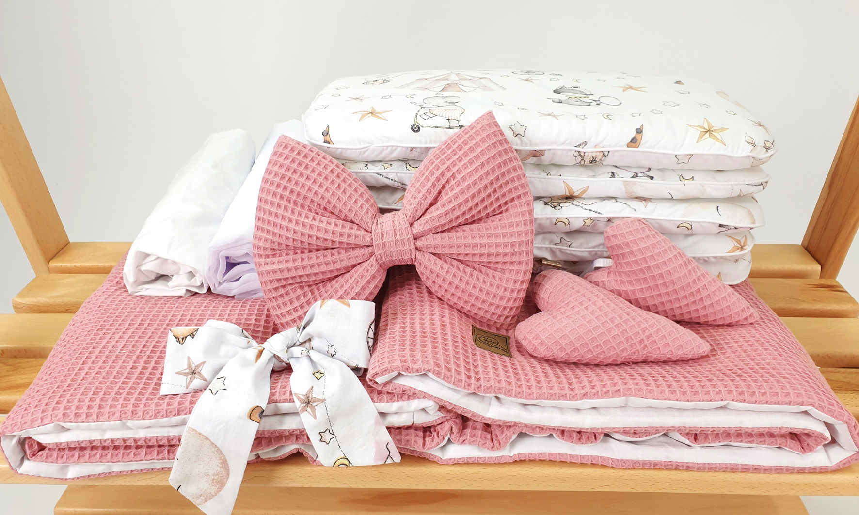 Vestidura para moisés de mimbre 5 piezas con dosel rosa empolvado, blanco tejido waffle - foto 2