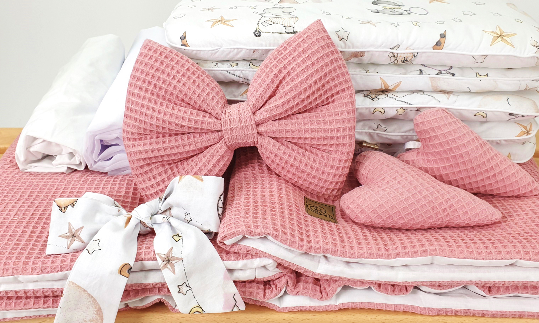 Vestidura para moisés de mimbre 5 piezas con dosel rosa empolvado, blanco tejido waffle - foto 3