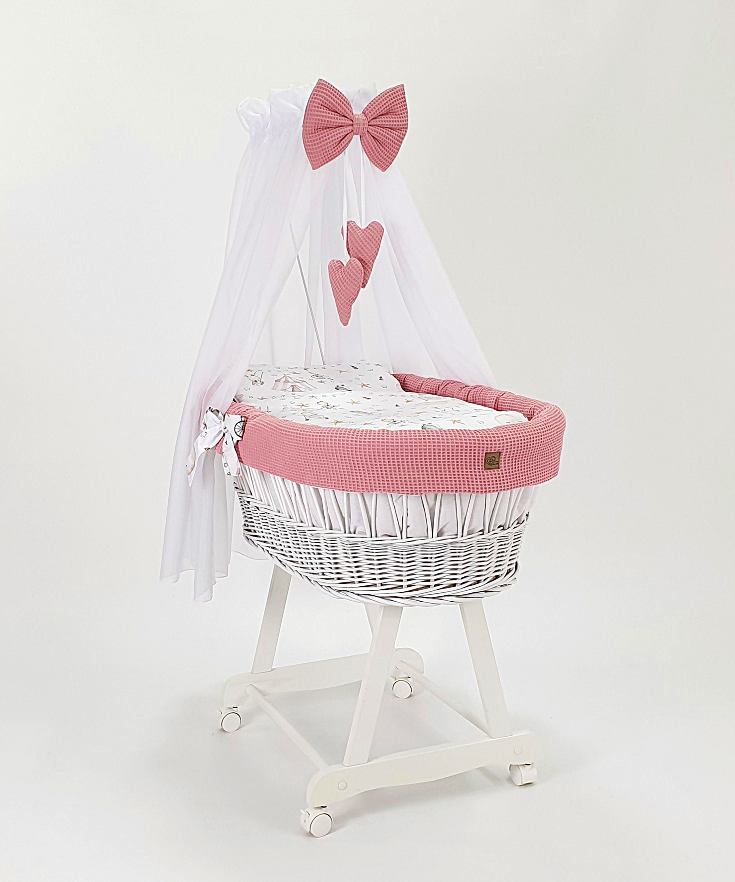 Vestidura para moisés de mimbre 5 piezas con dosel rosa empolvado, blanco tejido waffle - foto 4