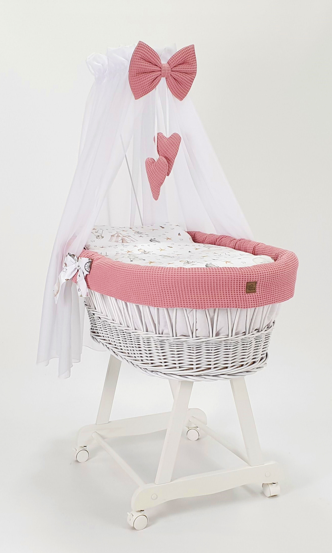 Vestidura para moisés de mimbre 5 piezas con dosel rosa empolvado, blanco tejido waffle - foto 5