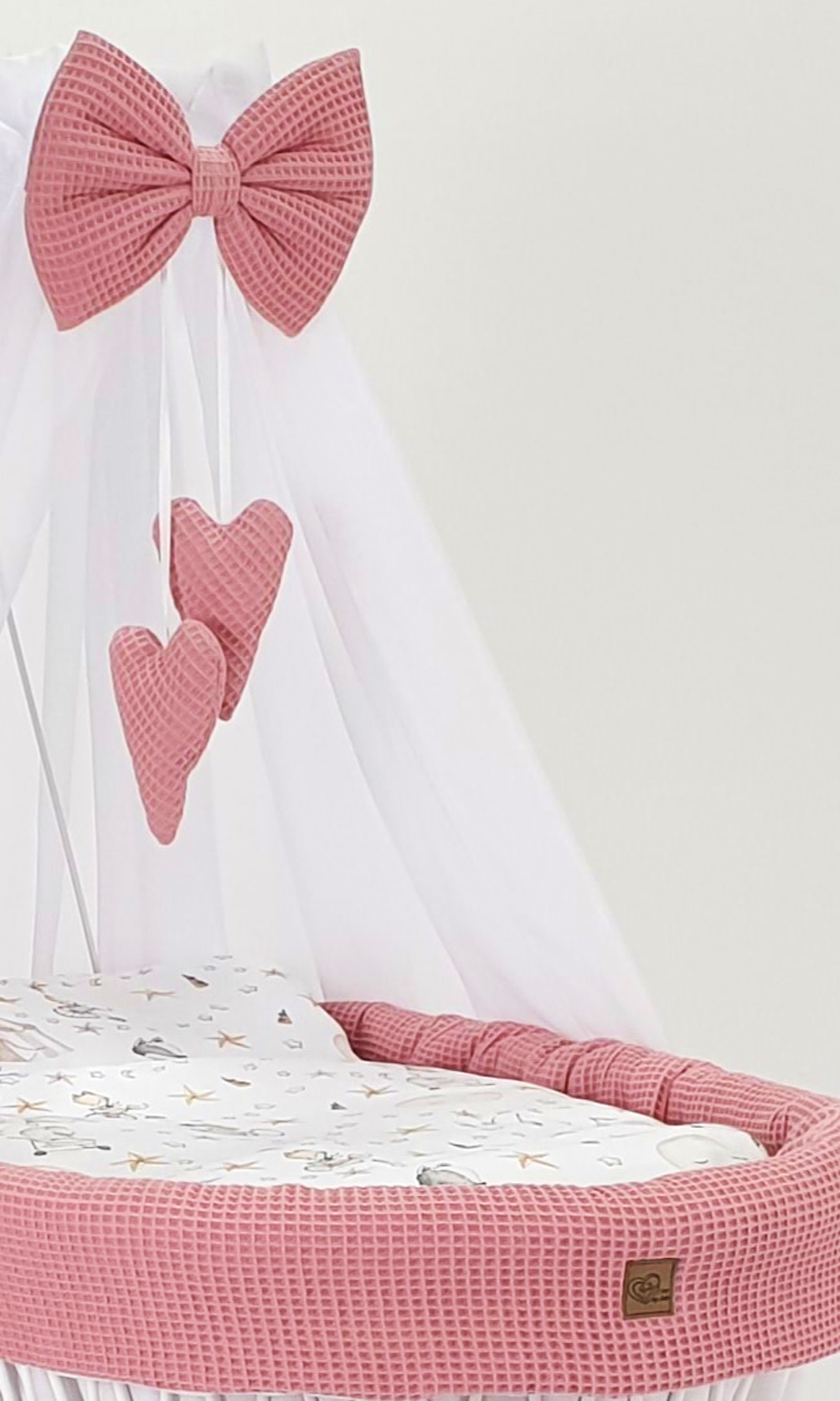 Vestidura para moisés de mimbre 5 piezas con dosel rosa empolvado, blanco tejido waffle - foto 7