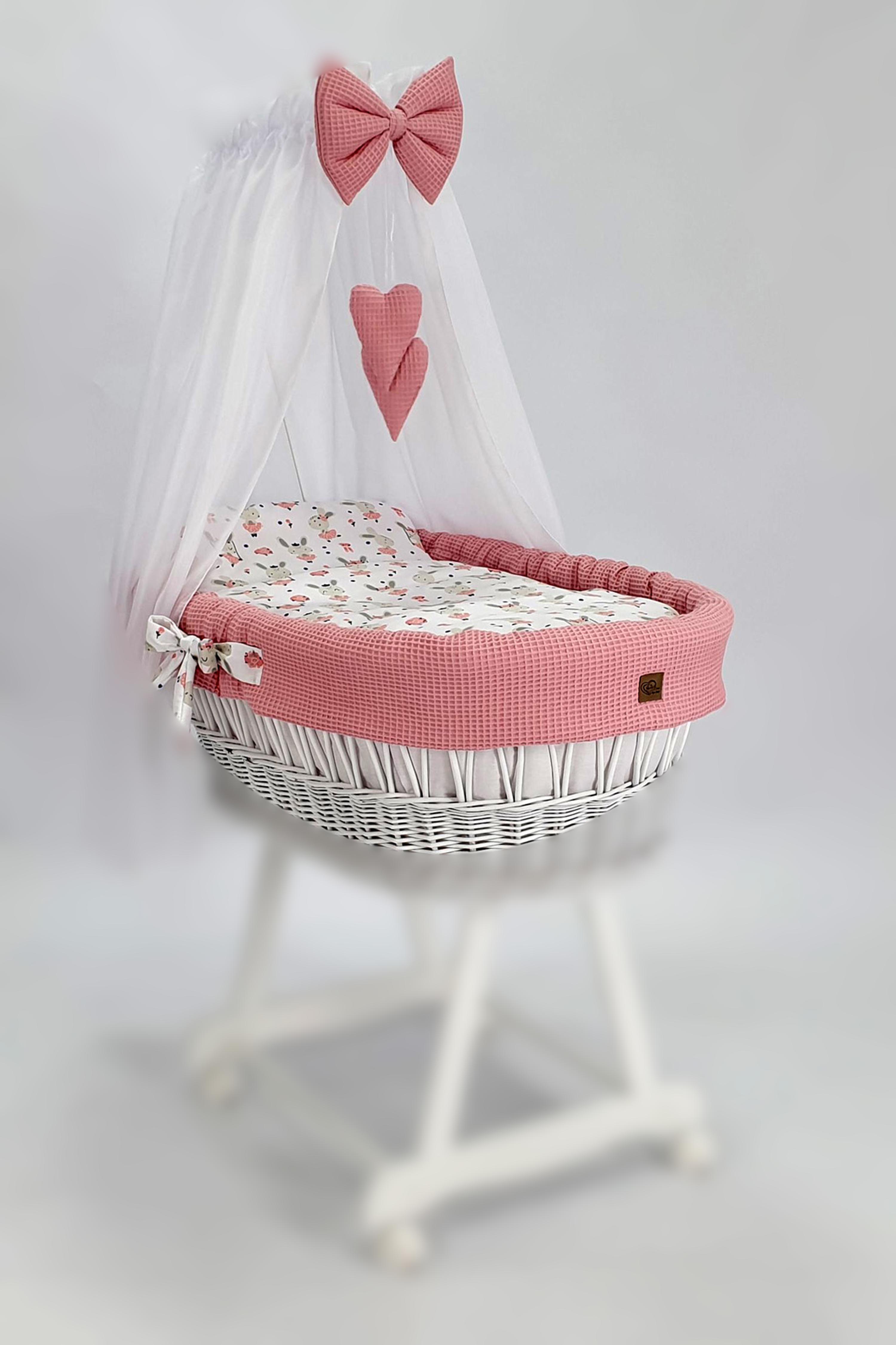 Vestidura para moisés de mimbre 5 piezas con dosel rosa empolvado, blanco tejido waffle serie BPRHIMXL - foto 5