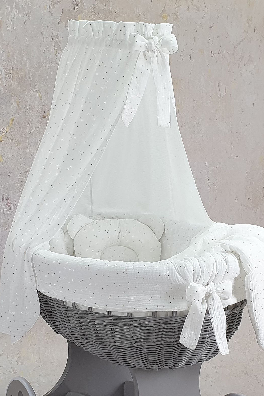 Vestidura para moisés de mimbre 5 piezas con dosel blanco muselina - foto 3
