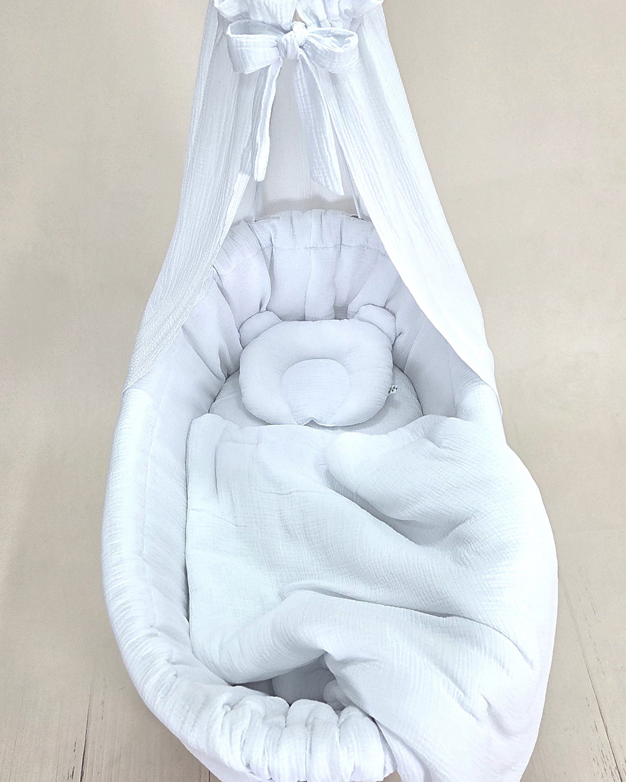 Vestidura para moisés de mimbre 5 piezas con dosel blanco muselina serie MWEHIM - foto 3