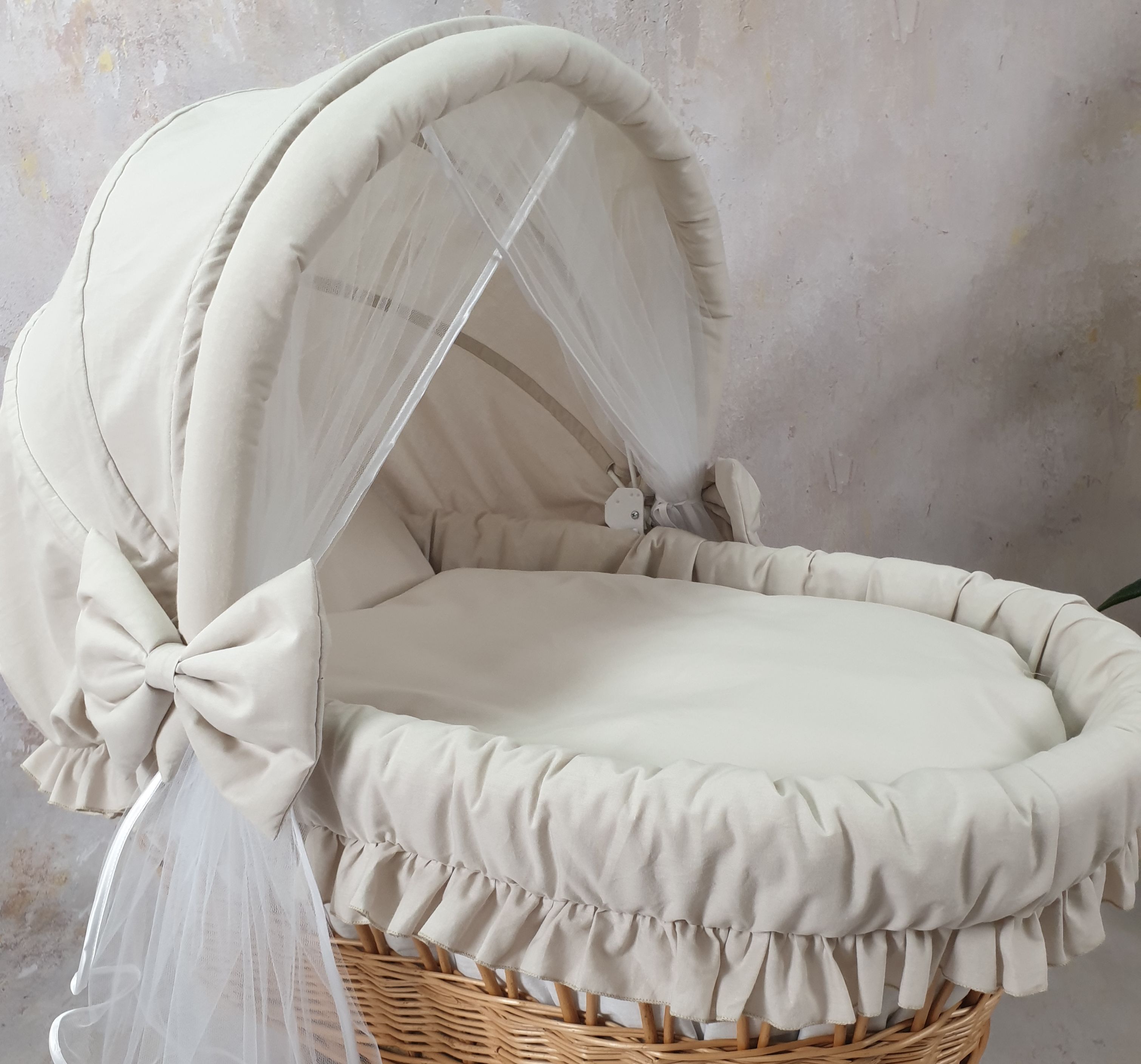 Moisés completo de mimbre con capota y mosquitera beige, blanco algodón - foto 5
