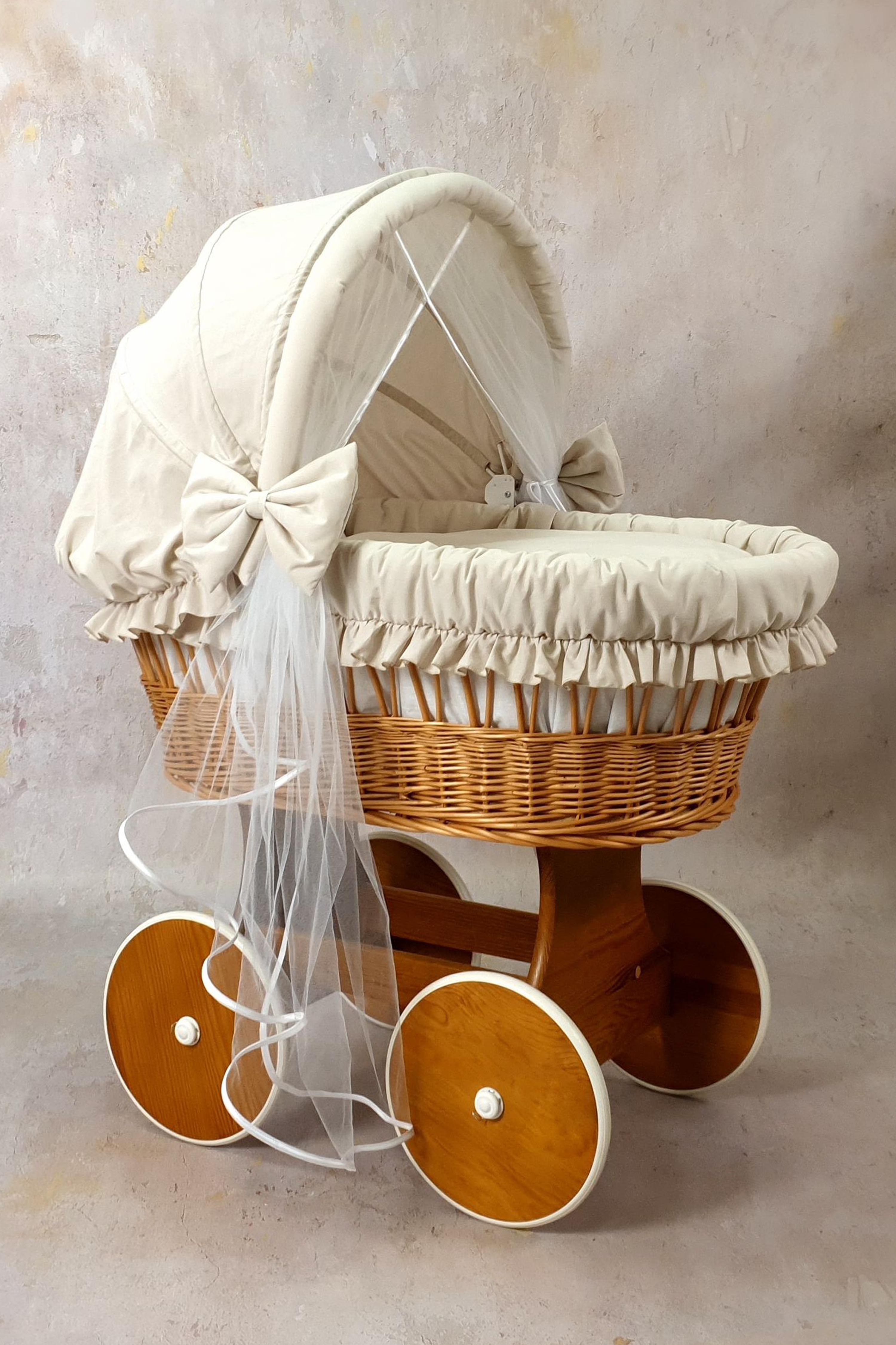 Moisés completo de mimbre con capota y mosquitera beige, blanco, natural algodón serie BNBE-MOS