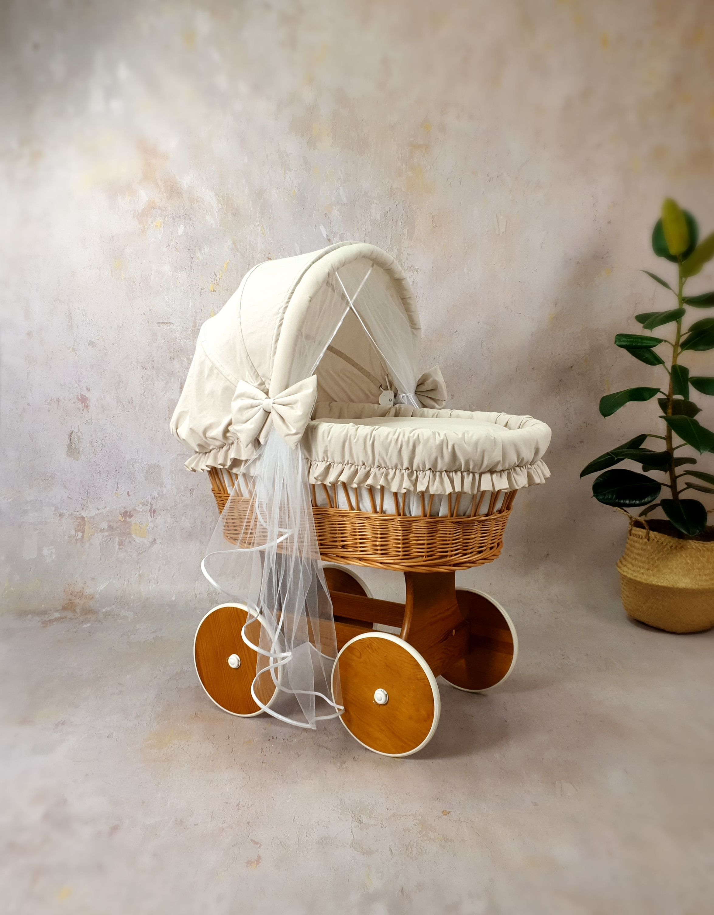 Moisés completo de mimbre con capota y mosquitera beige, blanco, natural algodón serie BNBE-MOS - foto 2