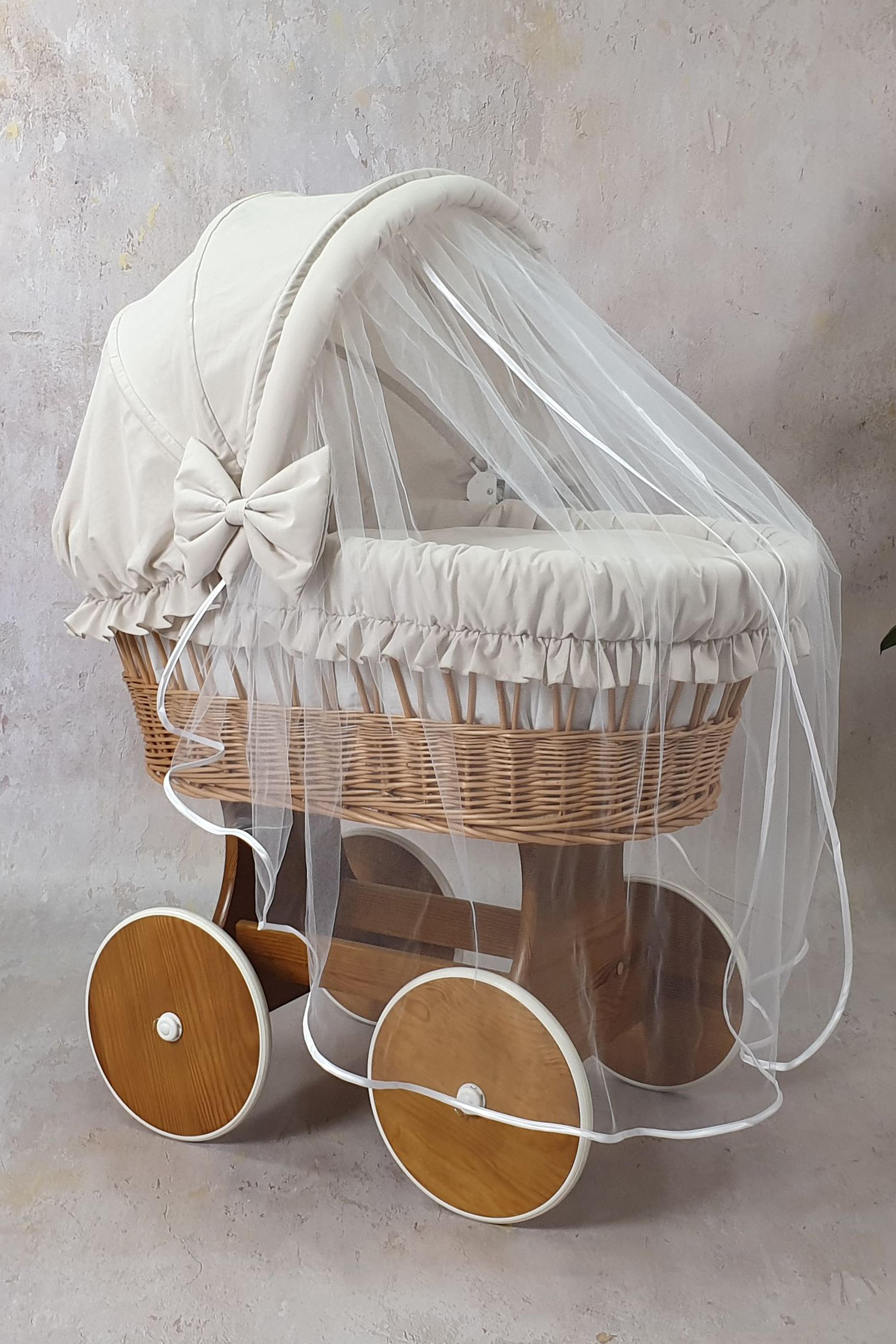 Moisés completo de mimbre con capota y mosquitera beige, blanco, natural algodón serie BNBE-MOS - foto 3