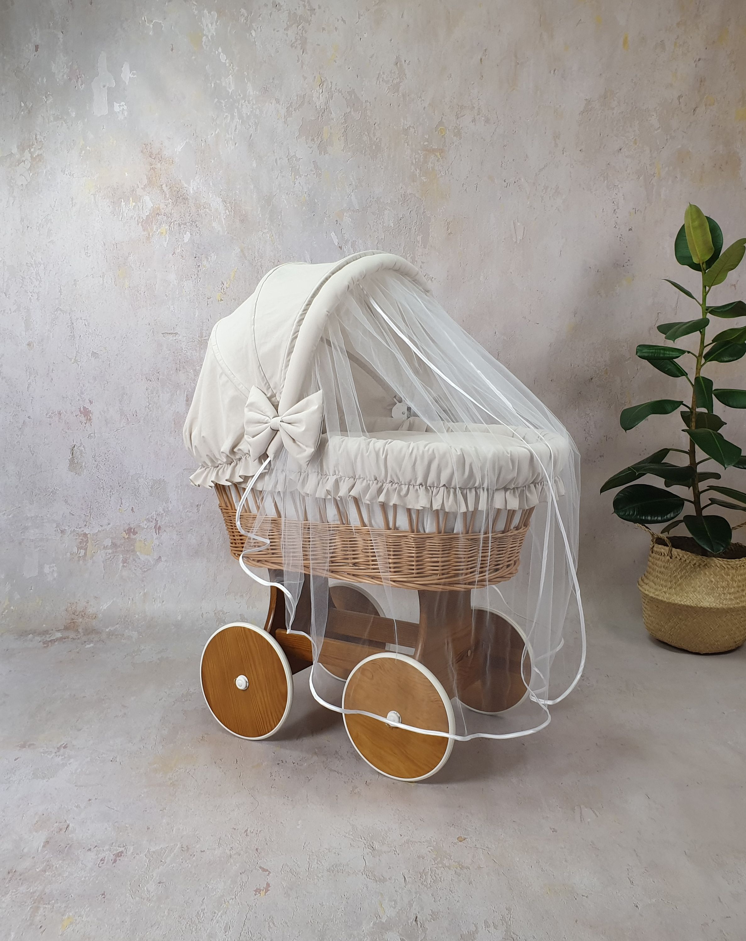 Moisés completo de mimbre con capota y mosquitera beige, blanco, natural algodón serie BNBE-MOS - foto 4