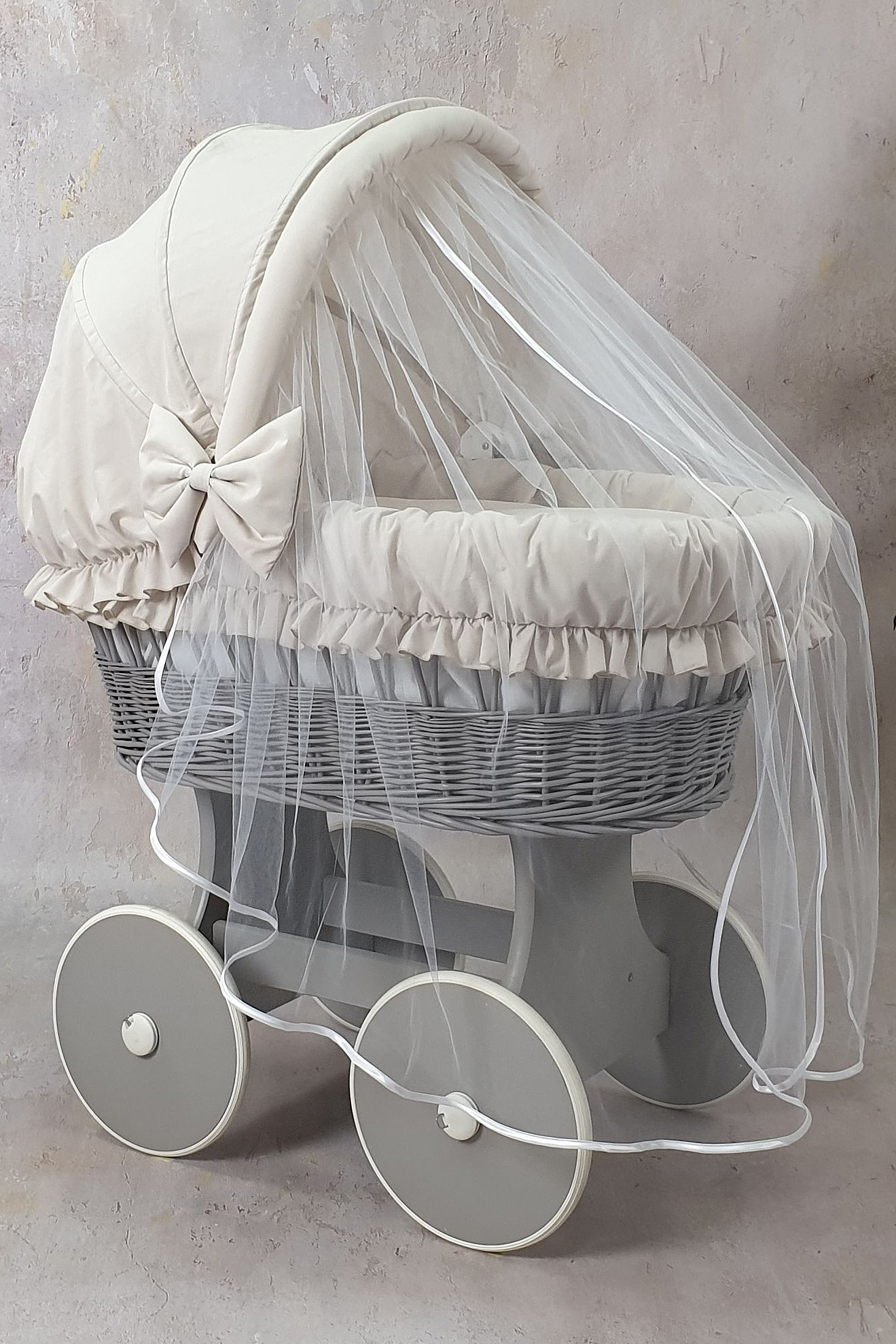 Moisés completo de mimbre con capota y mosquitera beige, blanco, gris algodón serie BSBE-MOS - foto 2