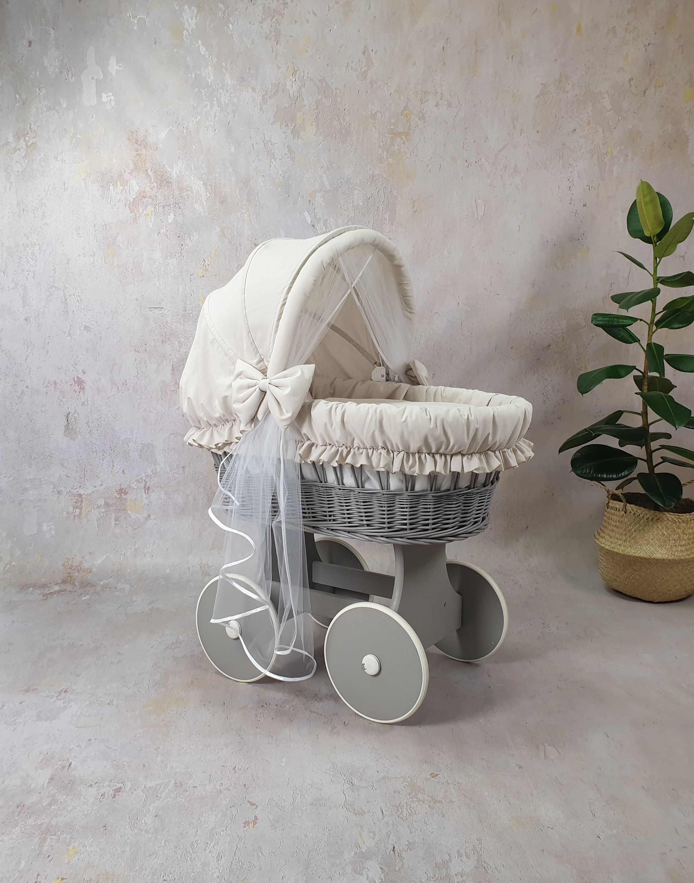 Moisés completo de mimbre con capota y mosquitera beige, blanco, gris algodón serie BSBE-MOS - foto 3