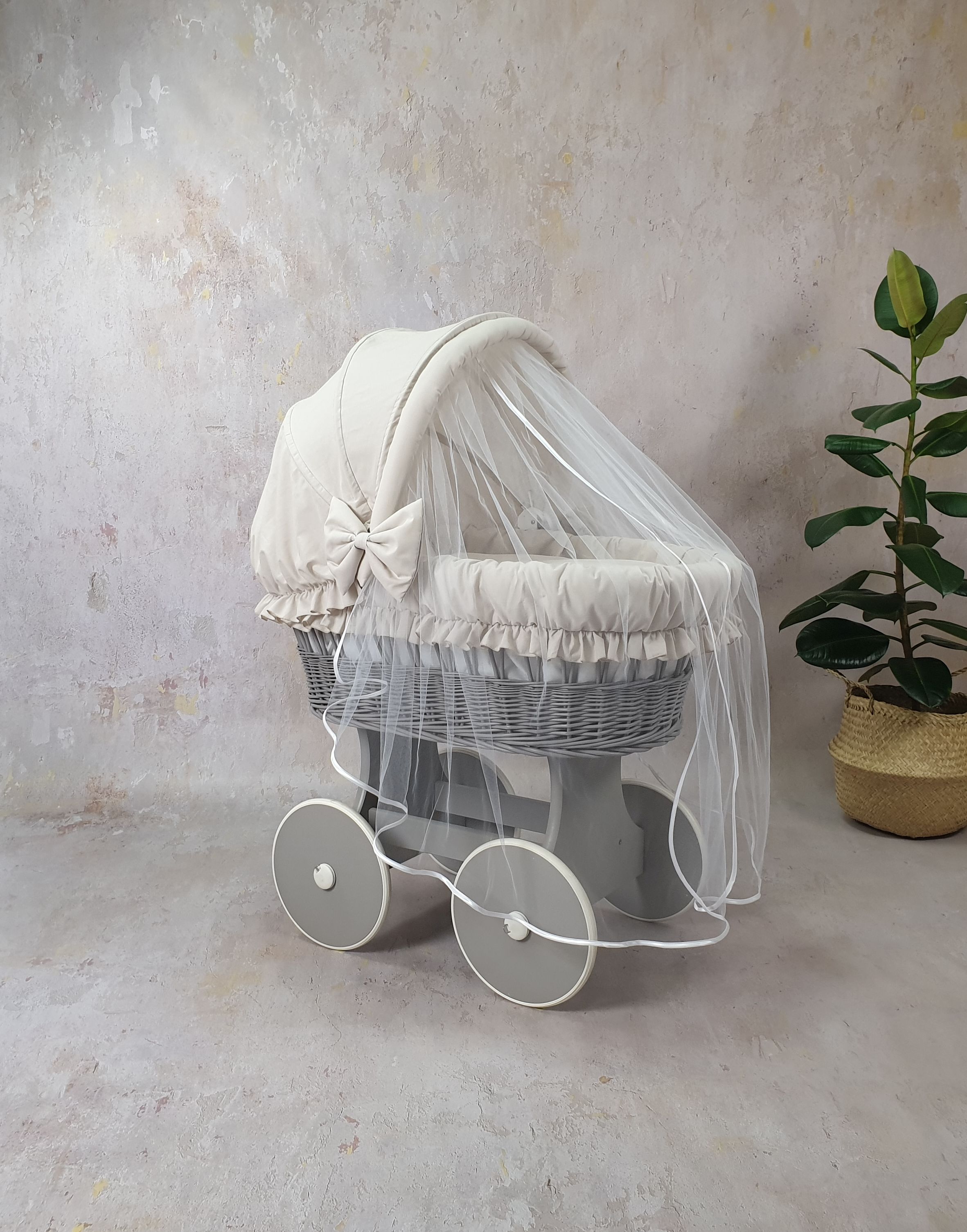 Moisés completo de mimbre con capota y mosquitera beige, blanco, gris algodón serie BSBE-MOS - foto 4
