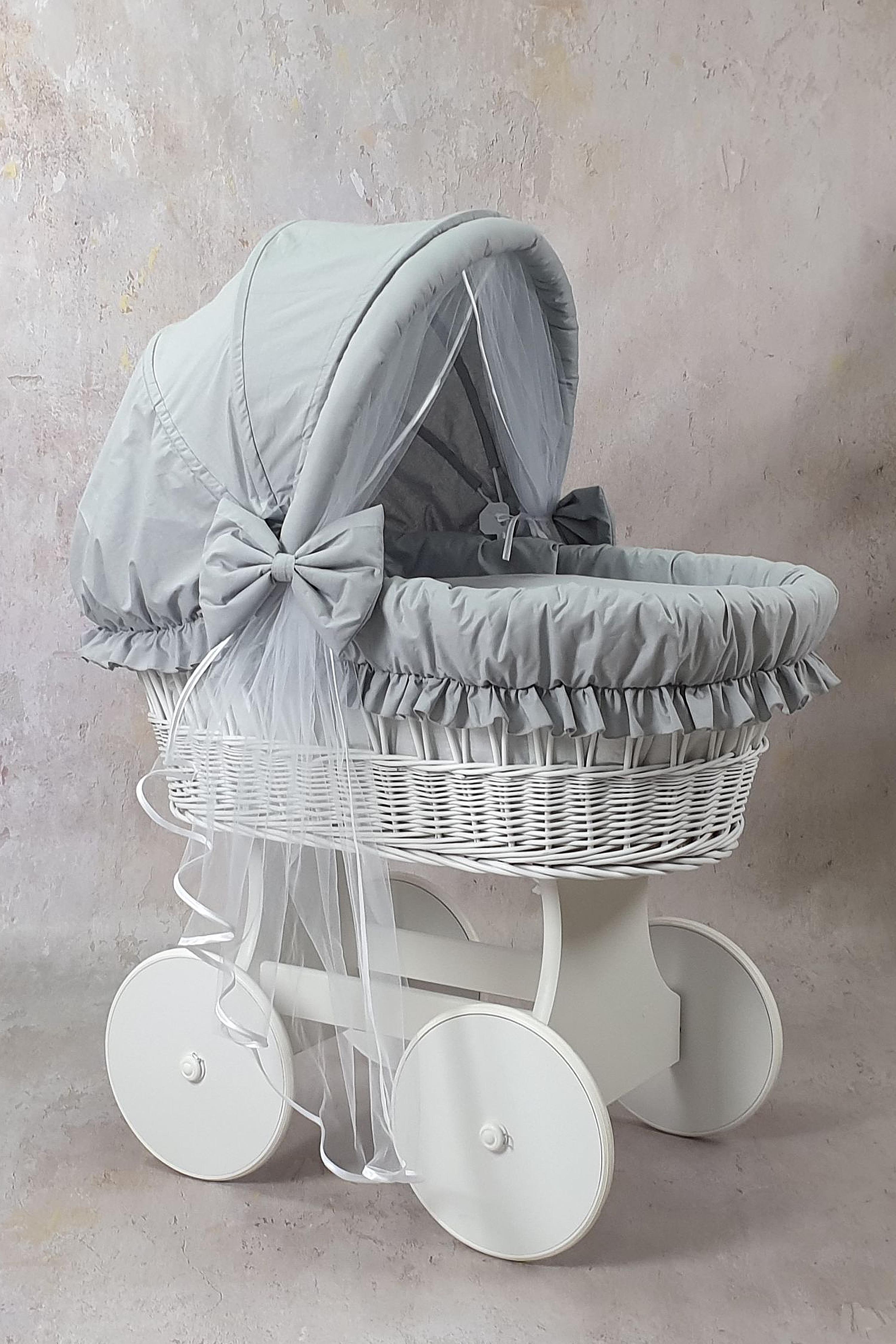 Moisés completo de mimbre con capota y mosquitera blanco, gris algodón serie BBSZ-MOS