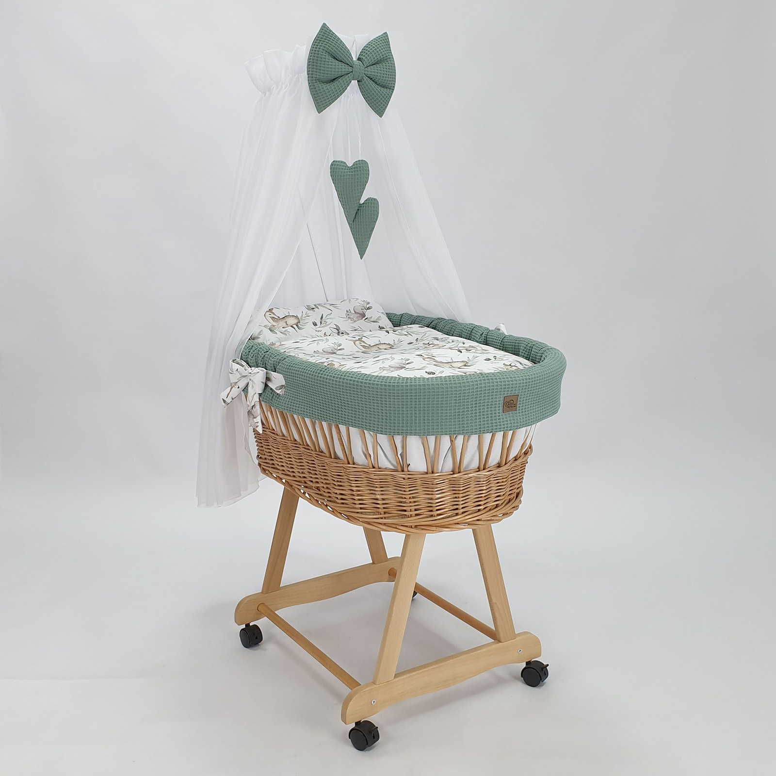 Moisés completo de mimbre con dosel y ropa de cama caqui, natural tejido waffle