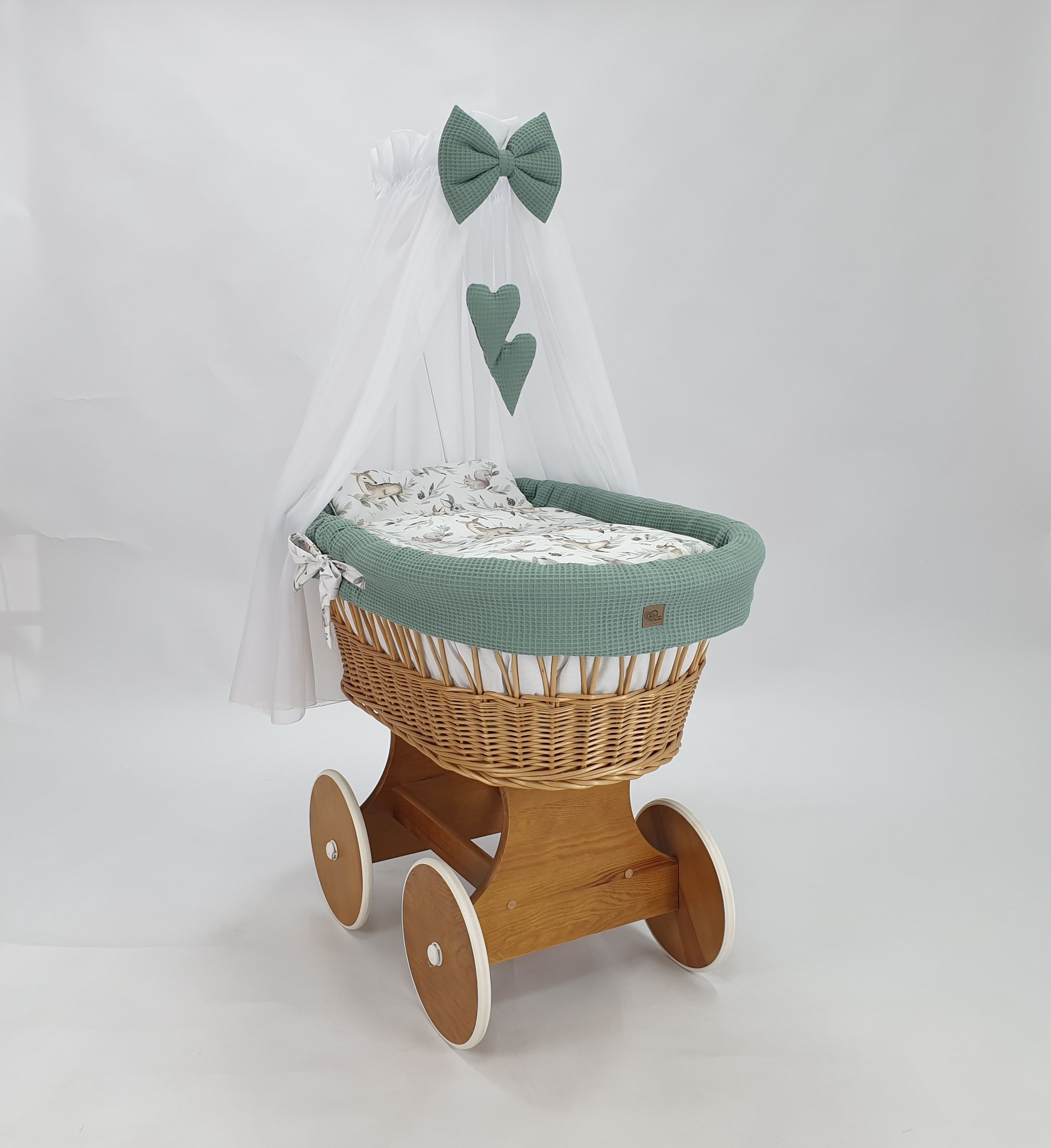 Moisés completo de mimbre con dosel y ropa de cama caqui, blanco, natural tejido waffle serie HNKH-KOLA