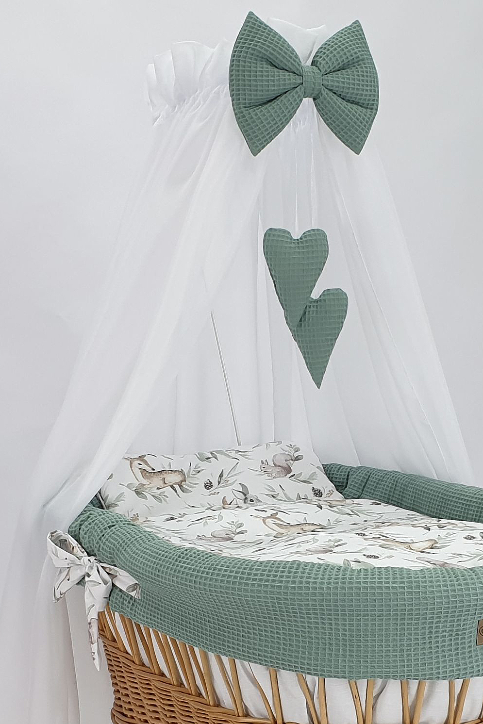 Moisés completo de mimbre con dosel y ropa de cama caqui, blanco, natural tejido waffle serie HNKH-KOLA - foto 3