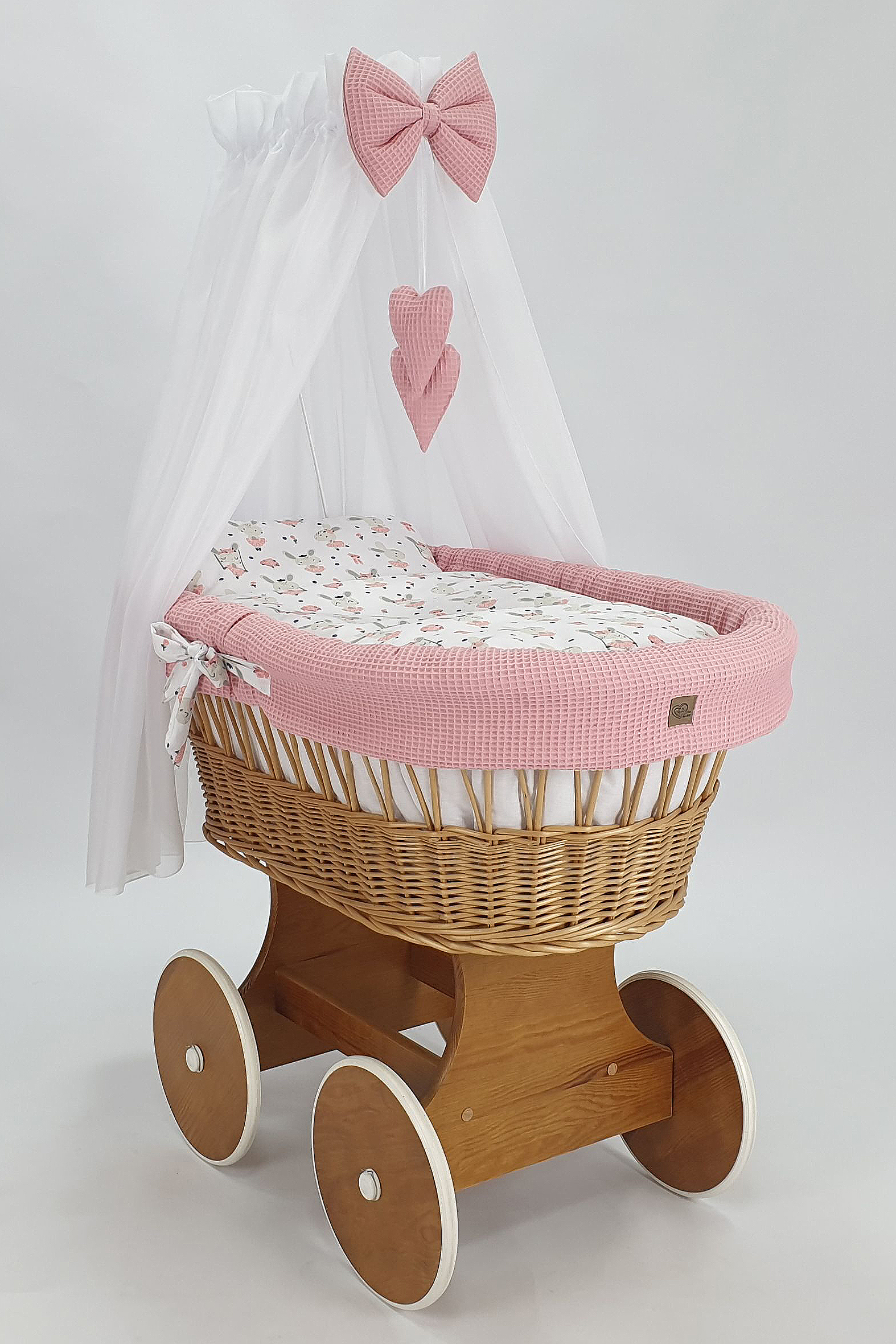 Moisés completo de mimbre con dosel y ropa de cama blanco, natural tejido waffle - foto 2