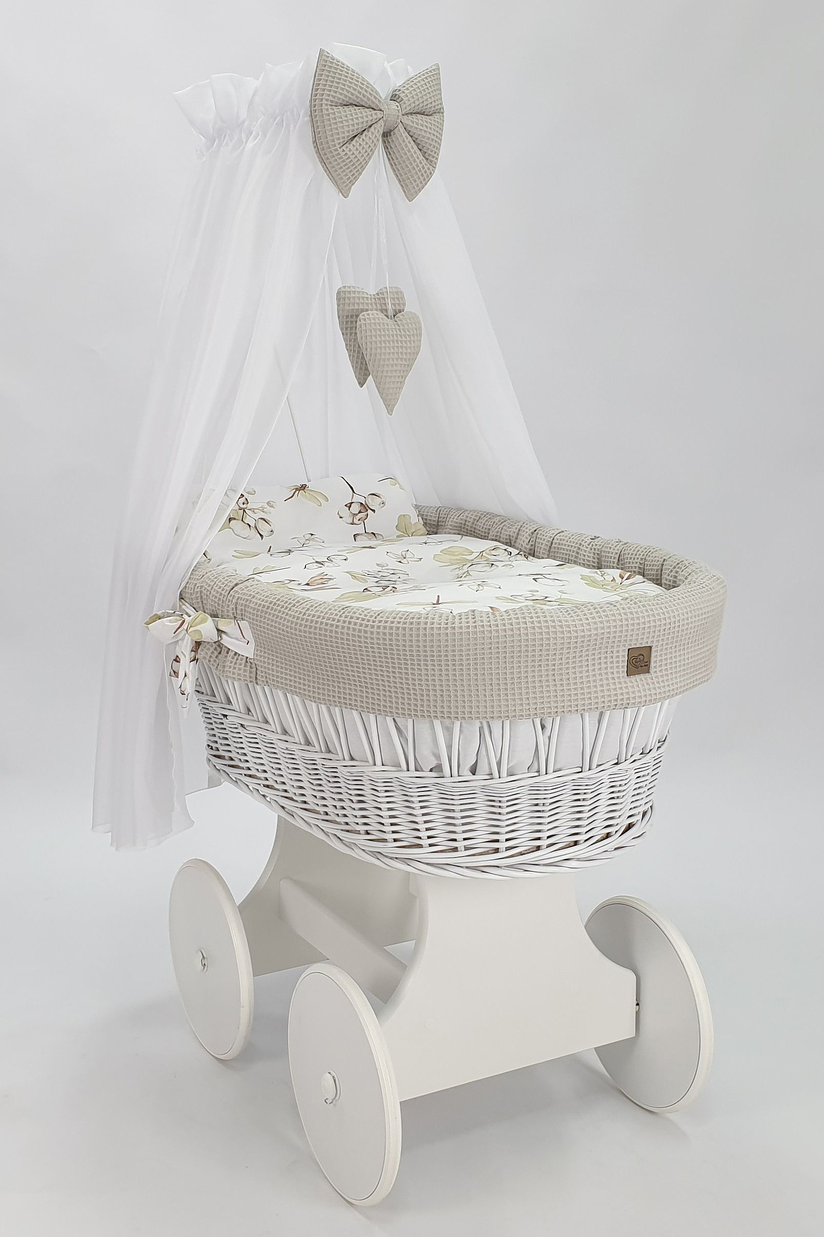 Moisés completo de mimbre con dosel y ropa de cama beige, blanco tejido waffle serie HBBE-KOLA