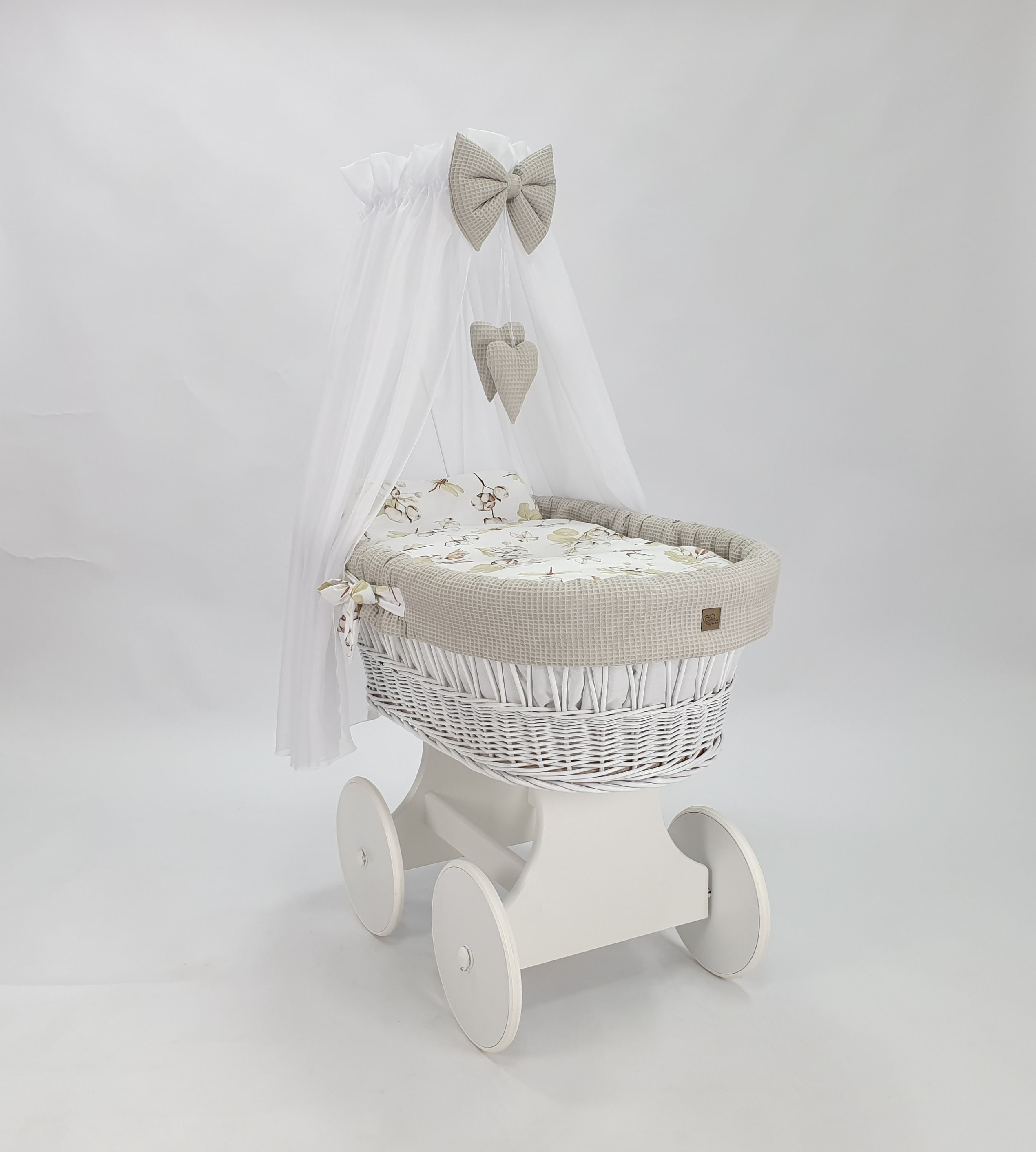 Moisés completo de mimbre con dosel y ropa de cama beige, blanco tejido waffle serie HBBE-KOLA - foto 2