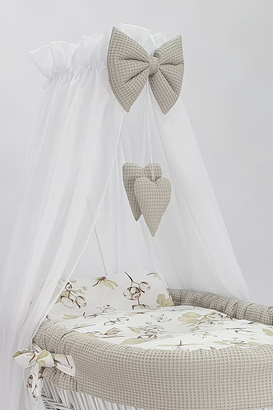 Moisés completo de mimbre con dosel y ropa de cama beige, blanco tejido waffle serie HBBE-KOLA - foto 3