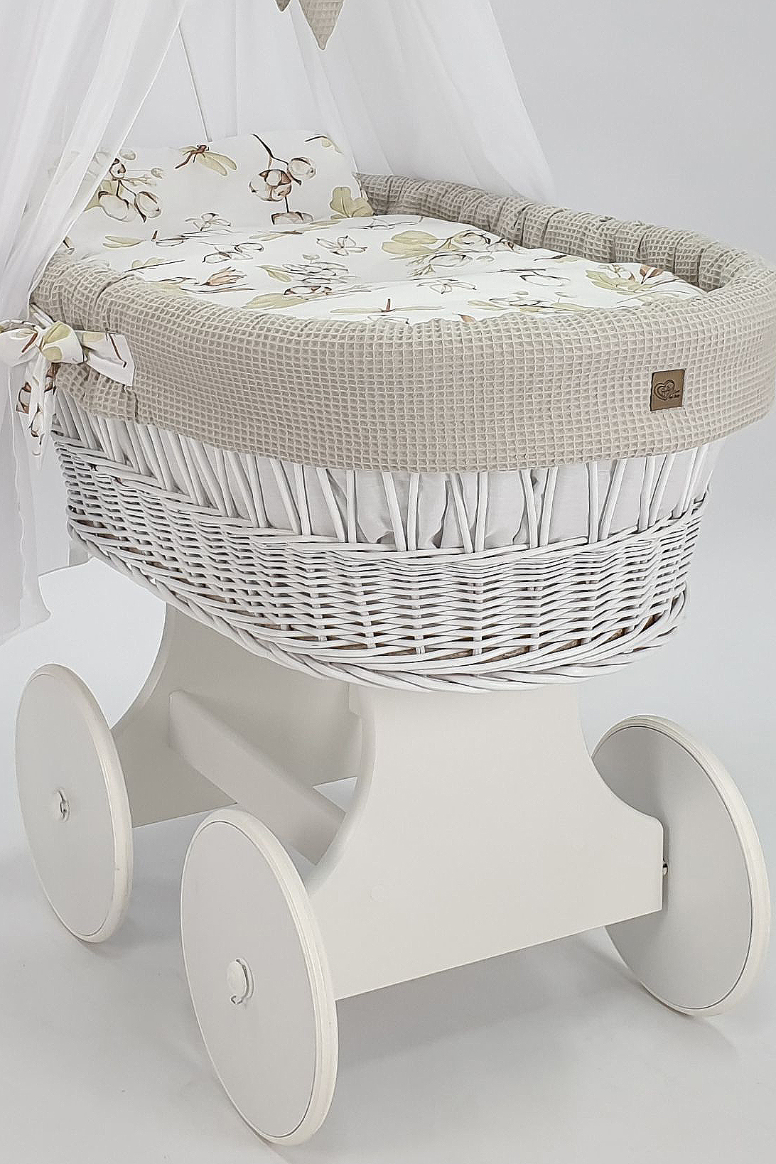 Moisés completo de mimbre con dosel y ropa de cama beige, blanco tejido waffle serie HBBE-KOLA - foto 4