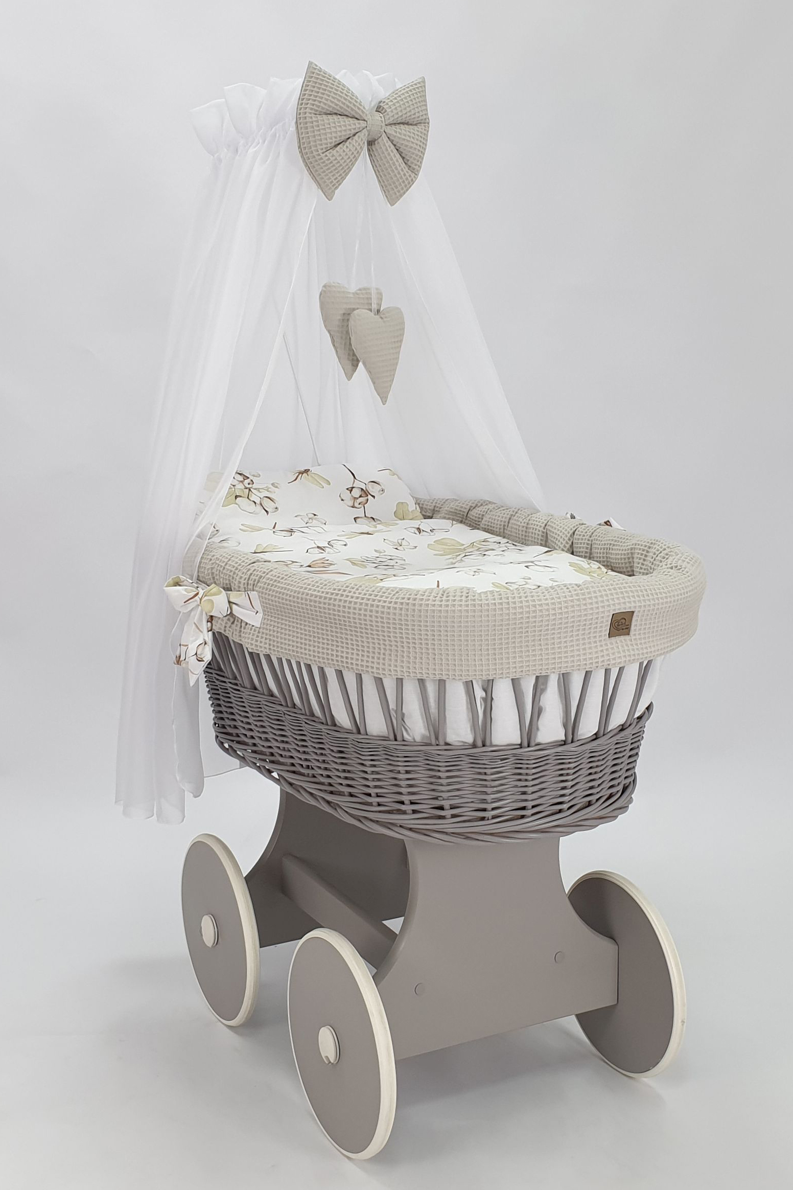 Moisés completo de mimbre con dosel y ropa de cama beige, blanco, gris tejido waffle serie hgbe-kola