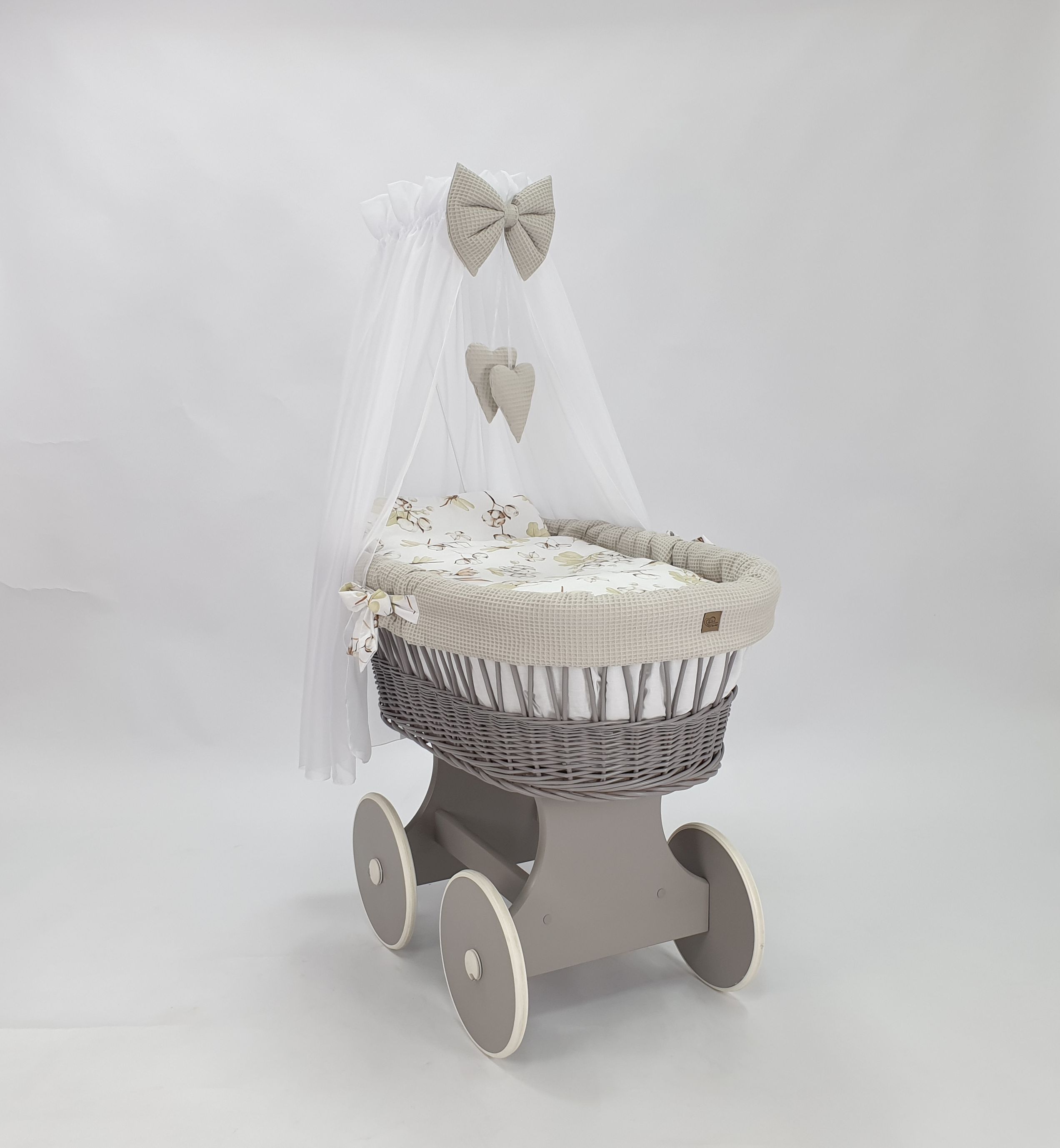 Moisés completo de mimbre con dosel y ropa de cama beige, blanco, gris tejido waffle serie hgbe-kola - foto 2