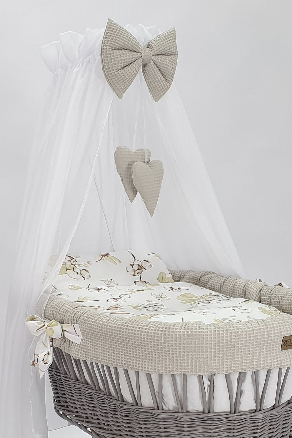 Moisés completo de mimbre con dosel y ropa de cama beige, blanco, gris tejido waffle serie hgbe-kola - foto 3