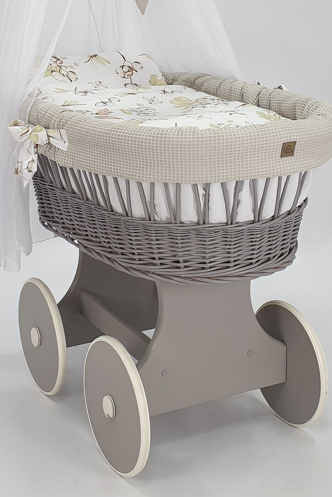 Moisés completo de mimbre con dosel y ropa de cama beige, blanco, gris tejido waffle serie hgbe-kola - foto 4