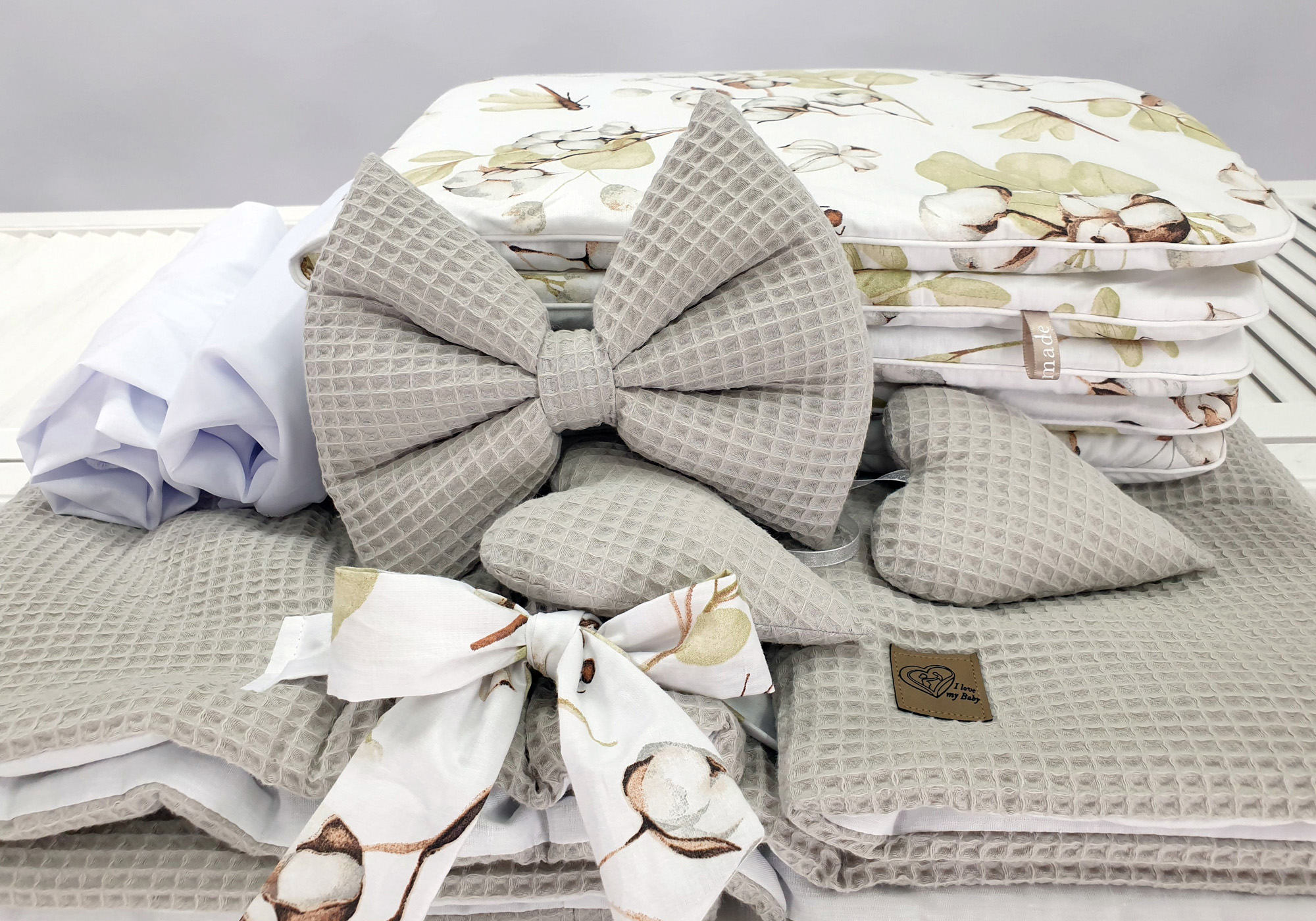 Moisés completo de mimbre con dosel y ropa de cama beige, blanco, gris tejido waffle serie hgbe-kola - foto 5