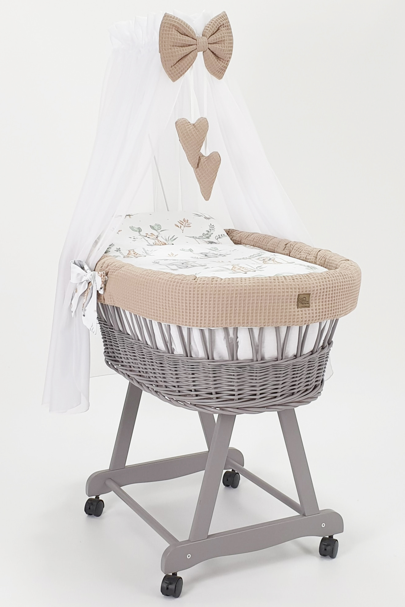 Moisés completo de mimbre con dosel y ropa de cama beige, gris tejido waffle serie HGBE-MOS