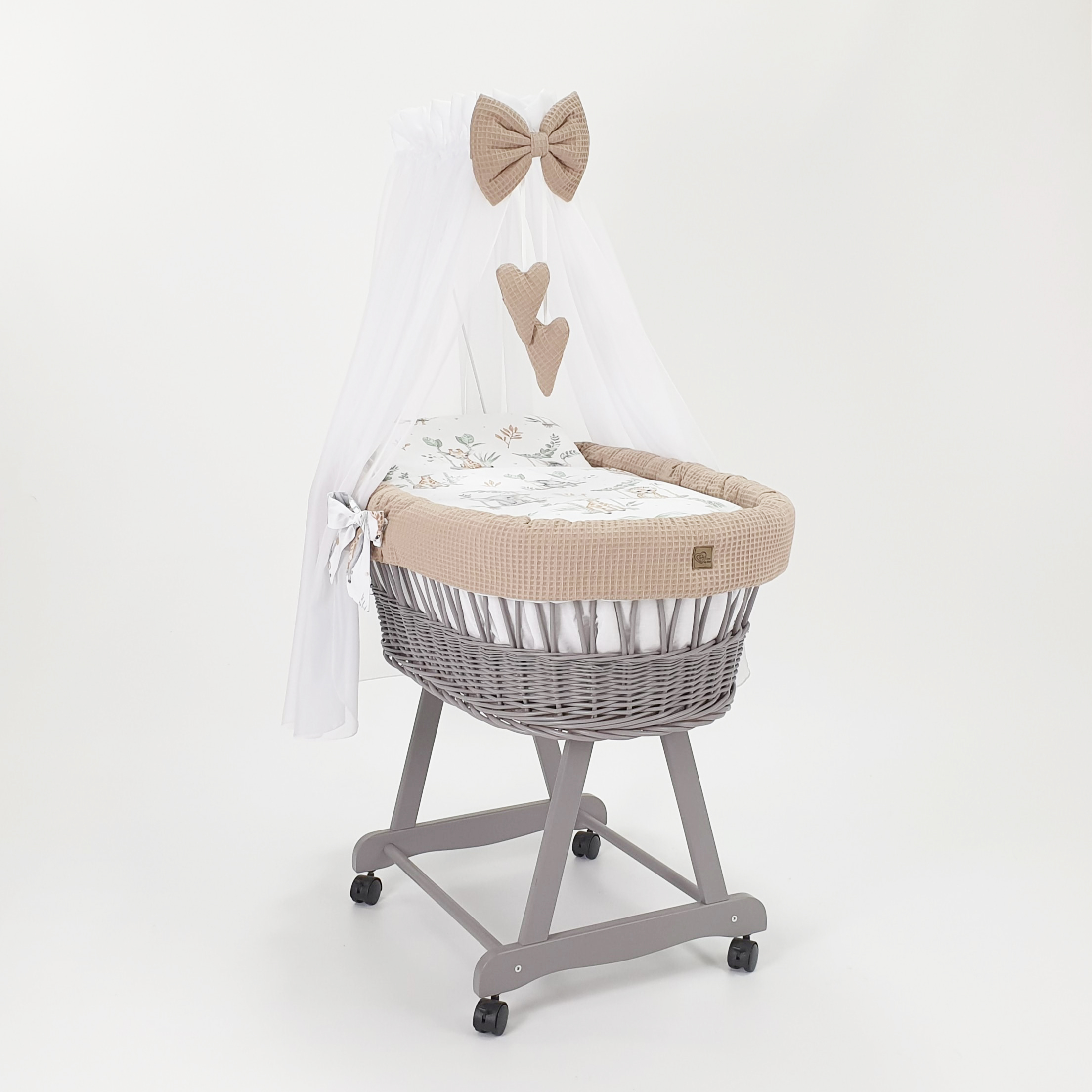 Moisés completo de mimbre con dosel y ropa de cama beige, gris tejido waffle serie HGBE-MOS - foto 2