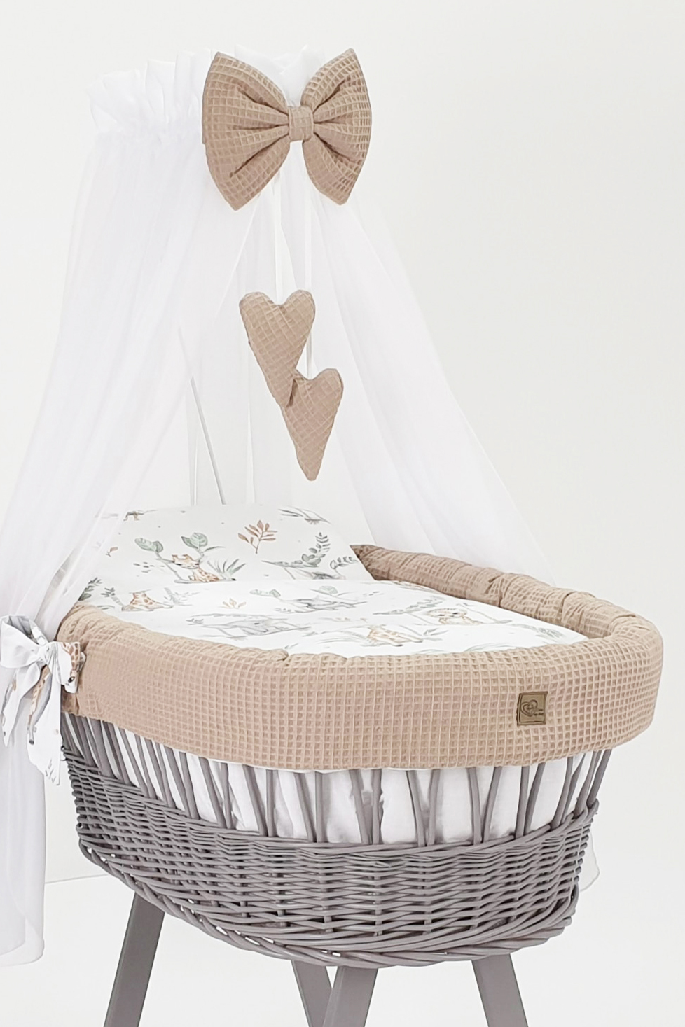 Moisés completo de mimbre con dosel y ropa de cama beige, gris tejido waffle serie HGBE-MOS - foto 3