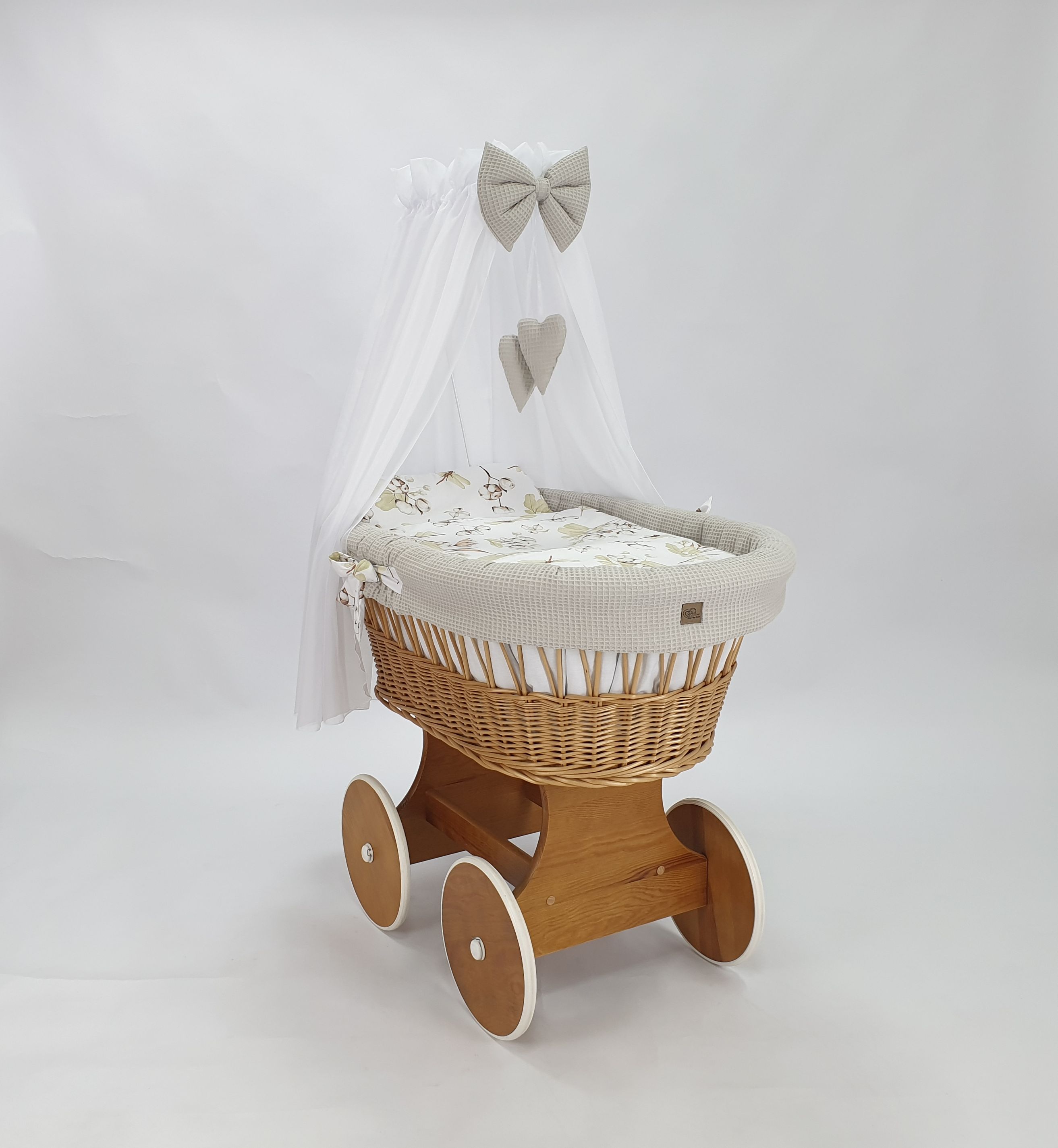 Moisés completo de mimbre con dosel y ropa de cama beige, blanco, natural tejido waffle serie HNBE-KOLA