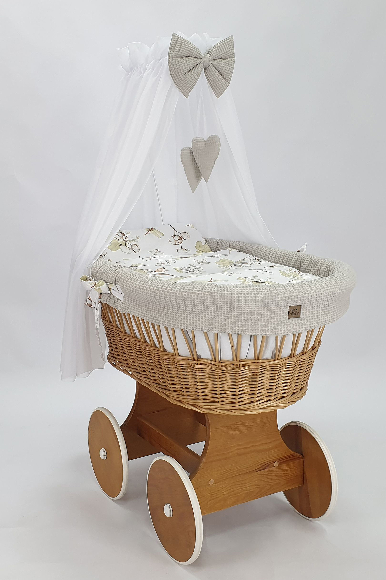 Moisés completo de mimbre con dosel y ropa de cama beige, blanco, natural tejido waffle serie HNBE-KOLA - foto 2