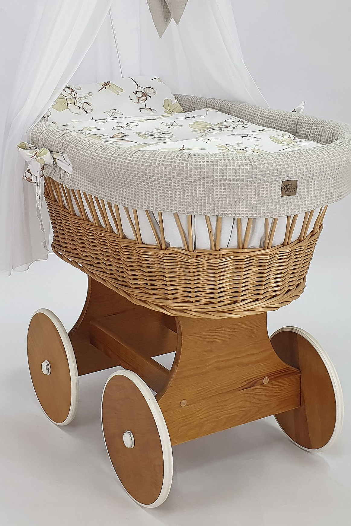 Moisés completo de mimbre con dosel y ropa de cama beige, blanco, natural tejido waffle serie HNBE-KOLA - foto 4