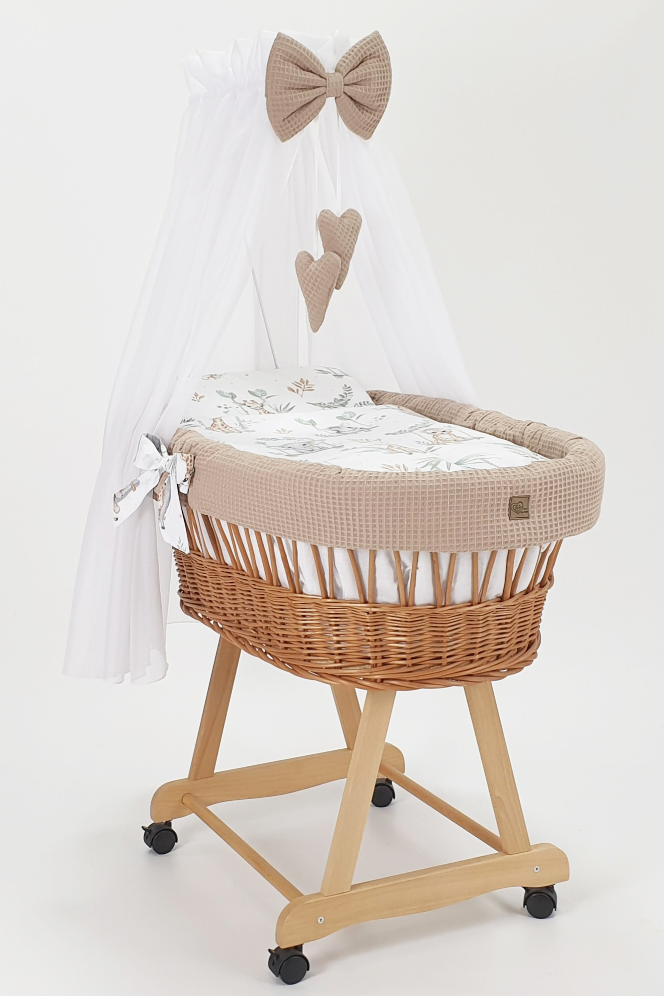Moisés completo de mimbre con dosel y ropa de cama beige, natural tejido waffle serie HNBE-MOS