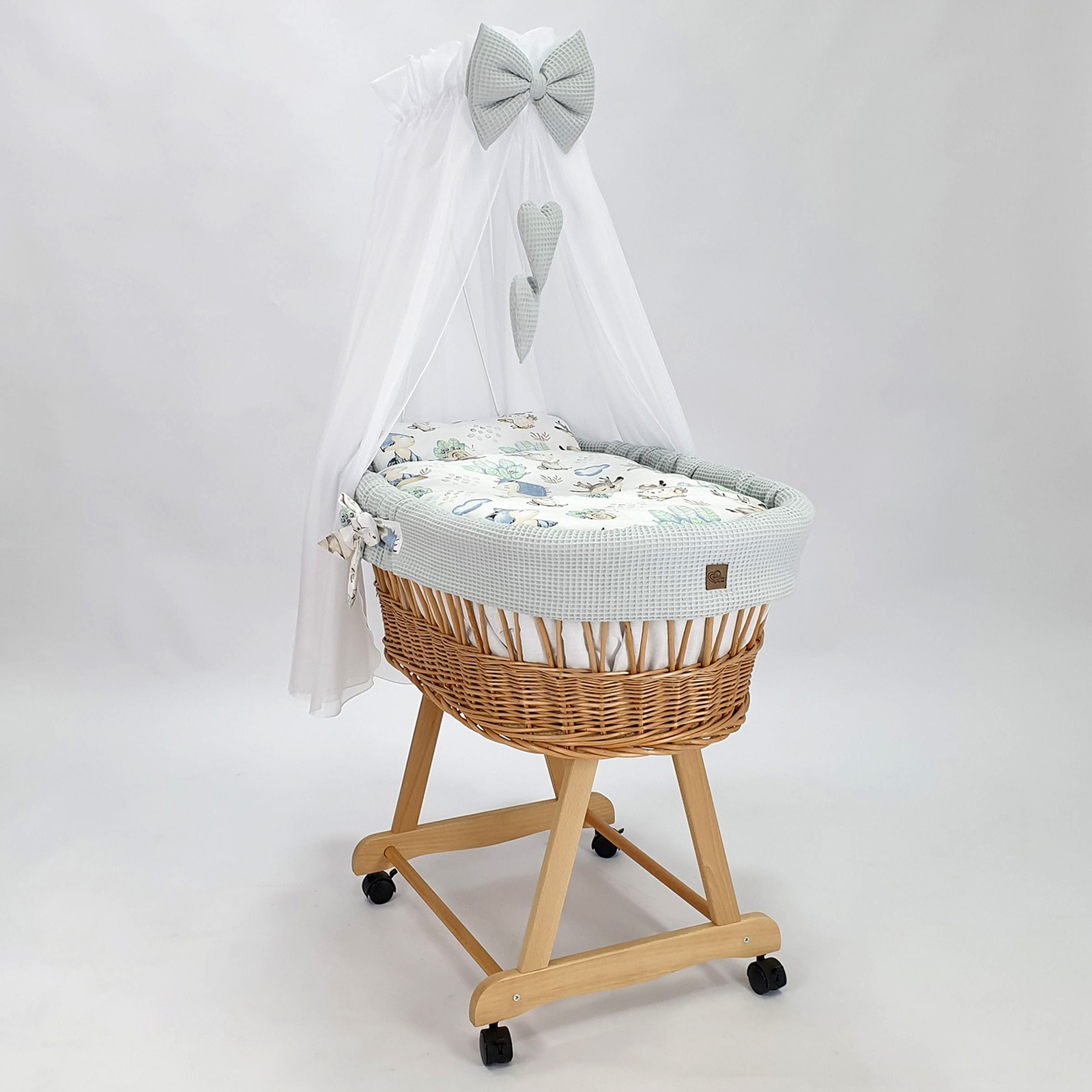 Moisés completo de mimbre con dosel y ropa de cama gris, natural tejido waffle
