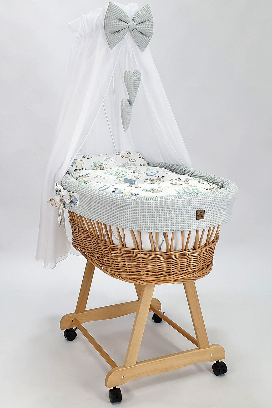 Moisés completo de mimbre con dosel y ropa de cama gris, natural tejido waffle - foto 2