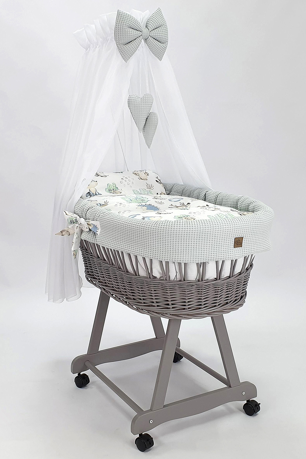 Moisés completo de mimbre con dosel y ropa de cama gris tejido waffle serie HGGR-MOS - foto 2
