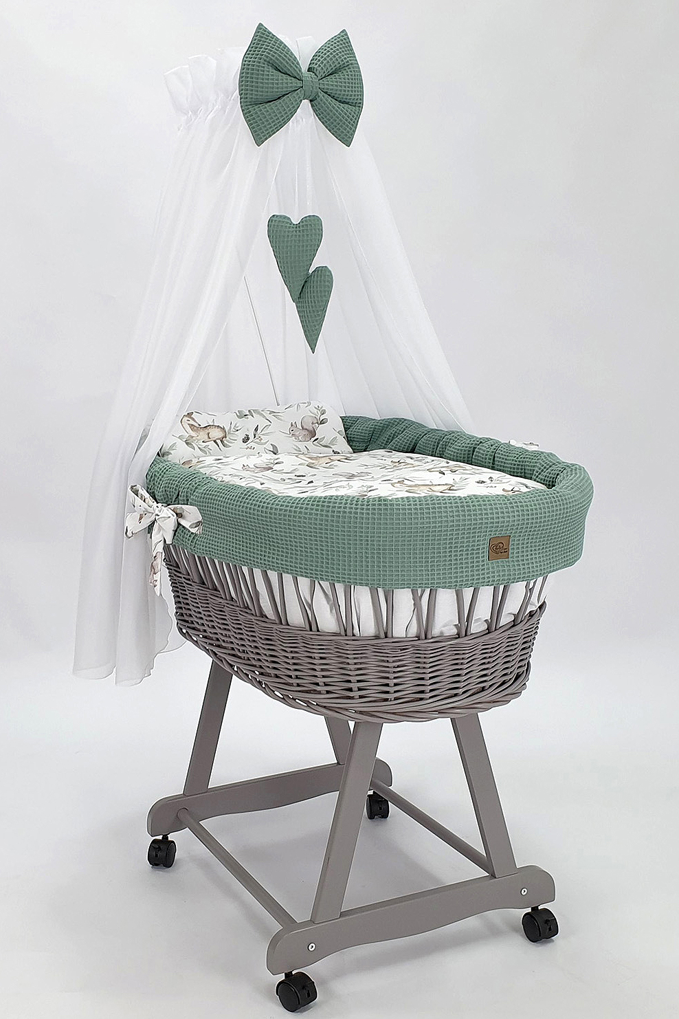 Moisés completo de mimbre con dosel y ropa de cama caqui, gris tejido waffle